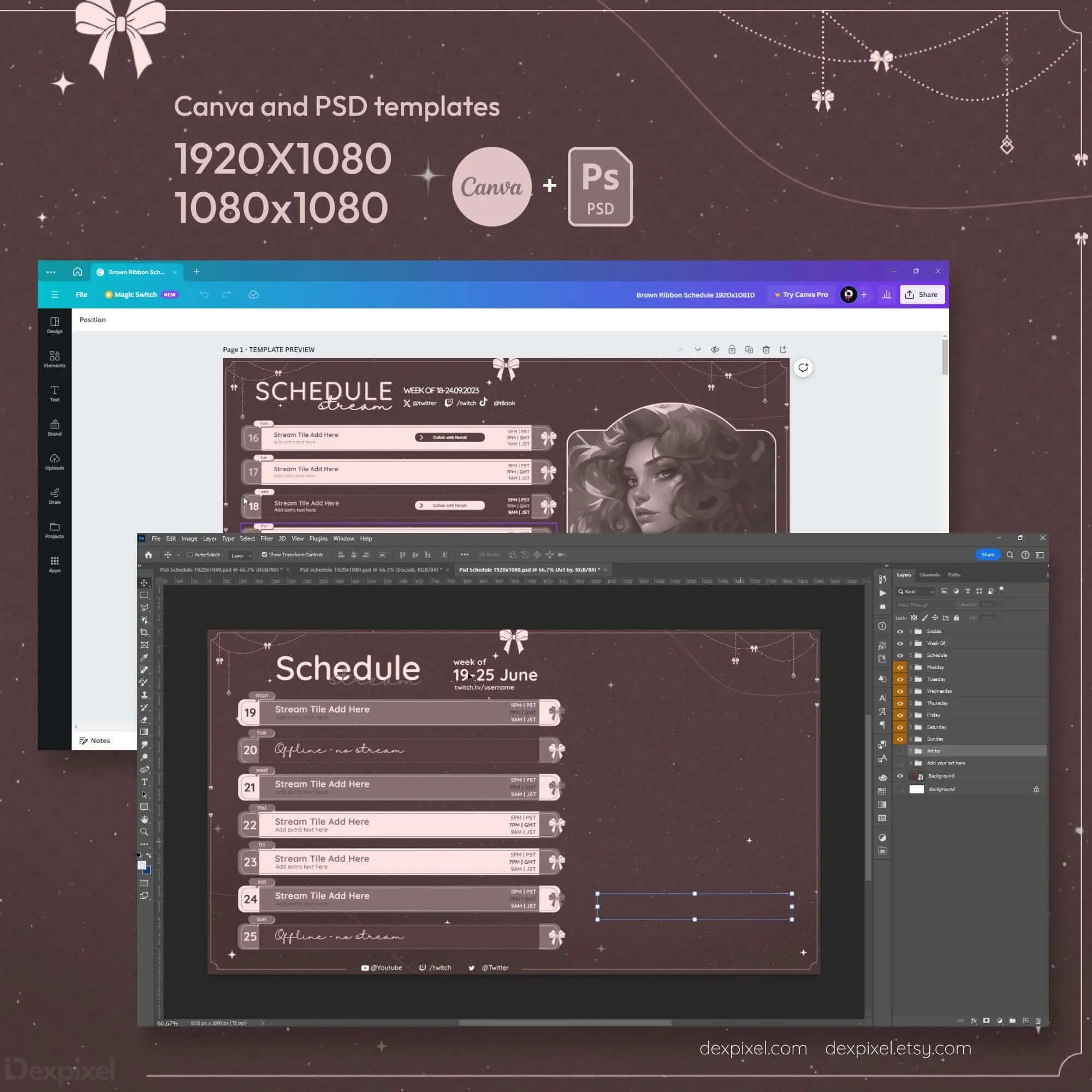 Schedule template design shown in both Canva and Photoshop interfaces with a vintage aesthetic.