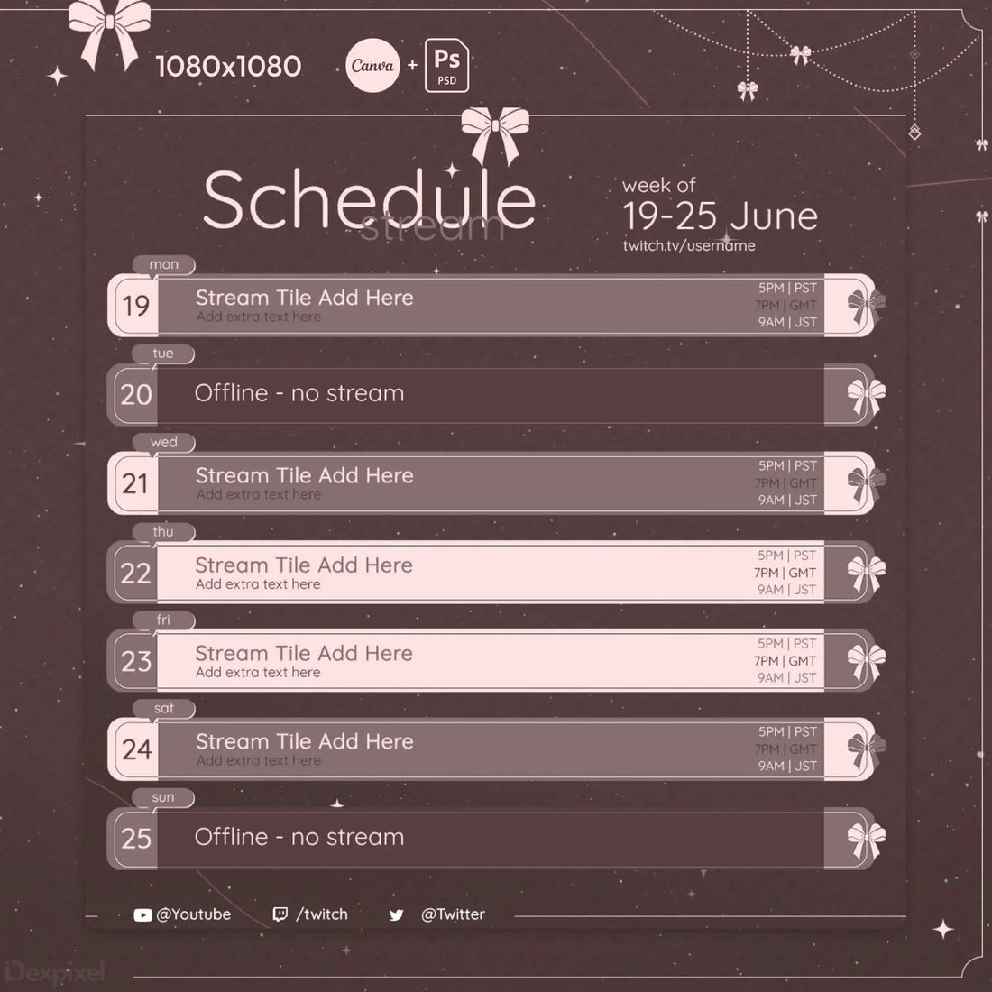Decorative schedule template with ribbon motifs and an artistic portrait panel in a vintage style.