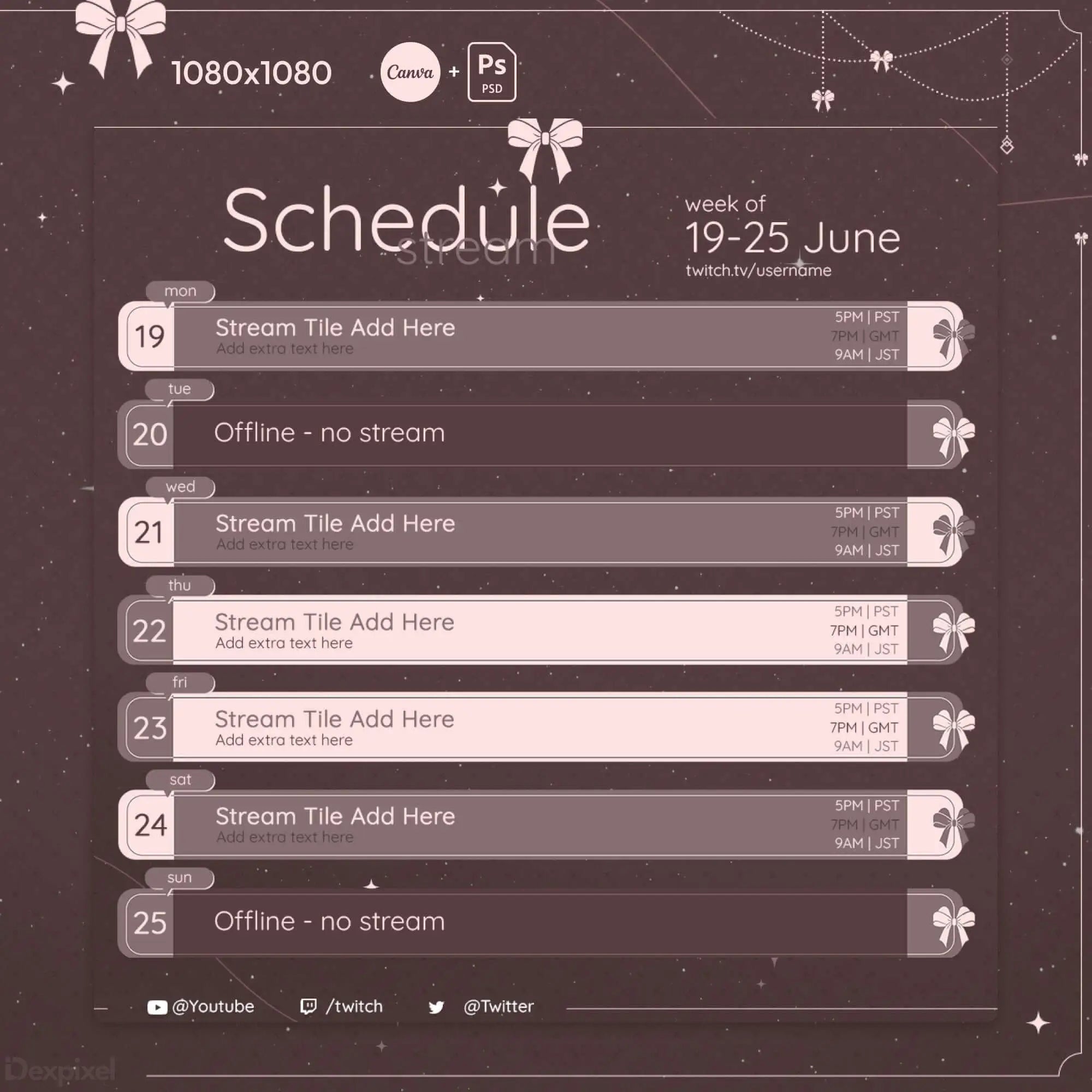 Weekly streaming schedule template for June 19-25 with pink and gray color scheme and bow decorations.