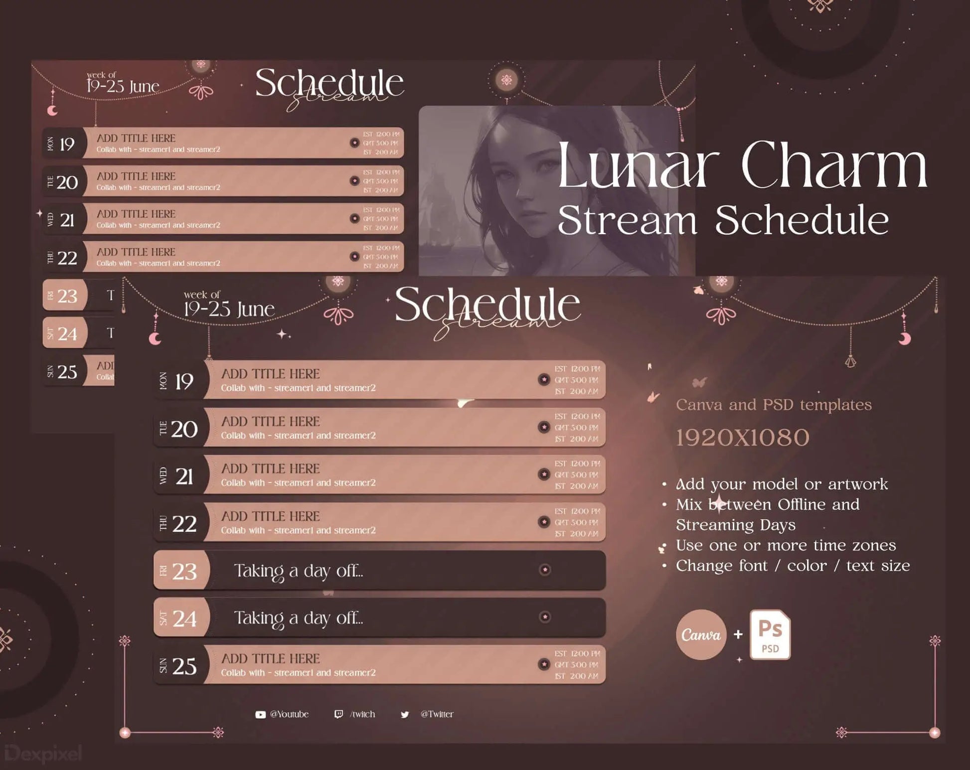 Lunar Charm streaming schedule template with dates and time slots in a mystical, celestial design.