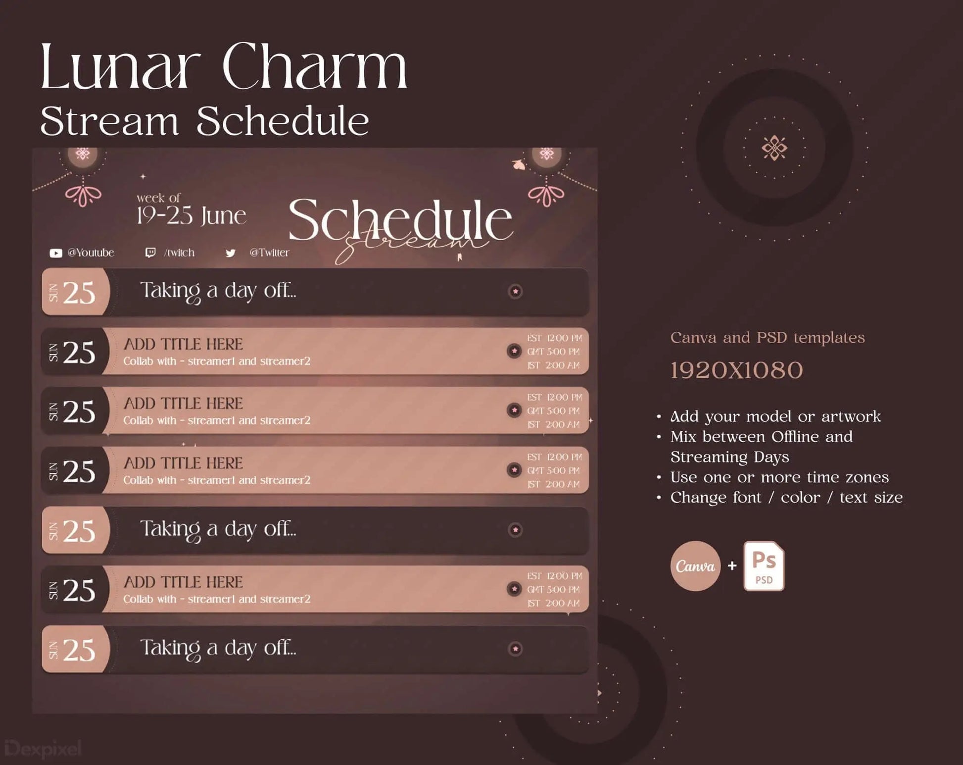 Stream schedule display with dates and time slots in a mystical lunar theme.