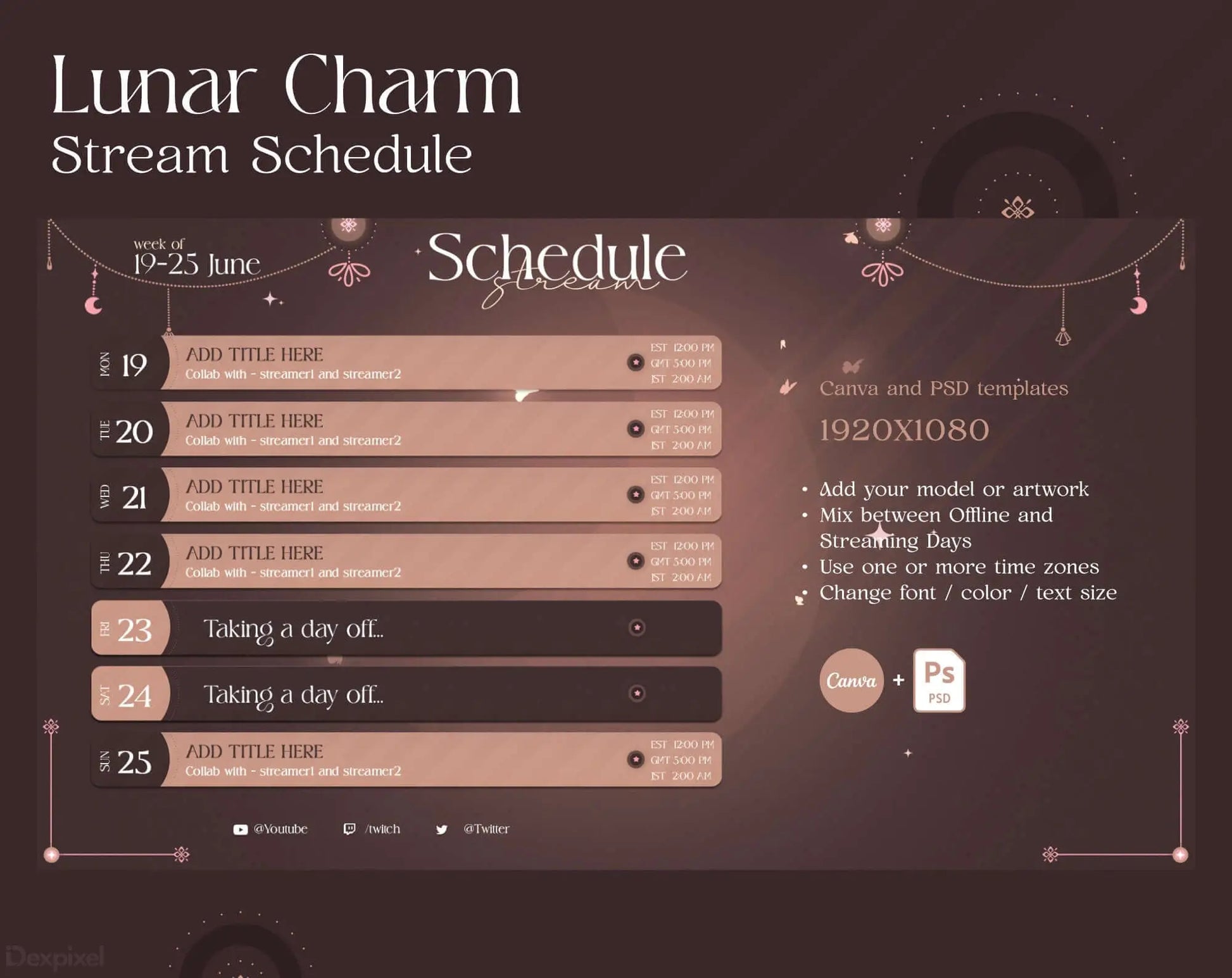 Stream schedule display with a lunar/celestial theme and pink-brown color scheme.