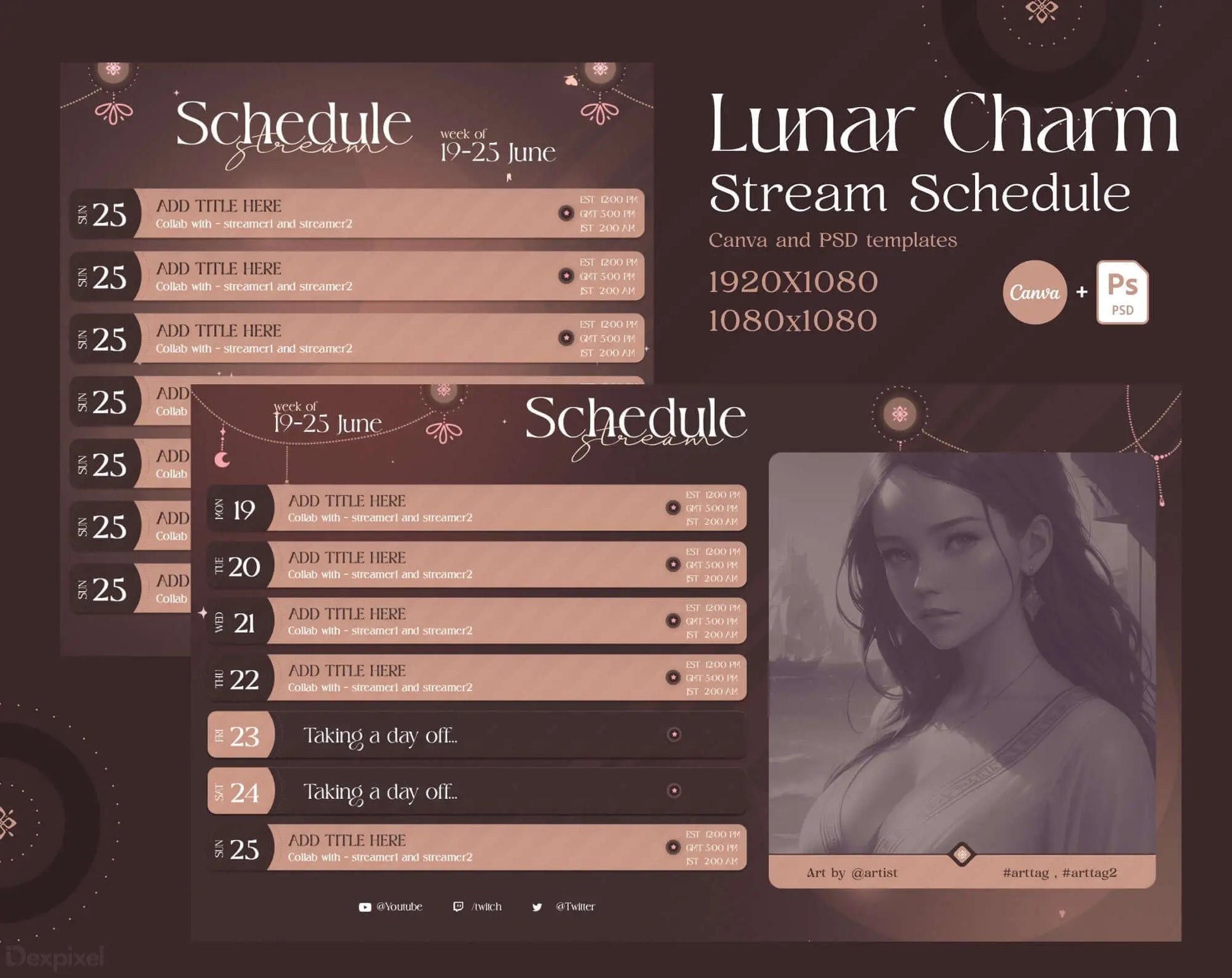 Stream schedule layout with a lunar/celestial aesthetic theme in brown and pink tones.