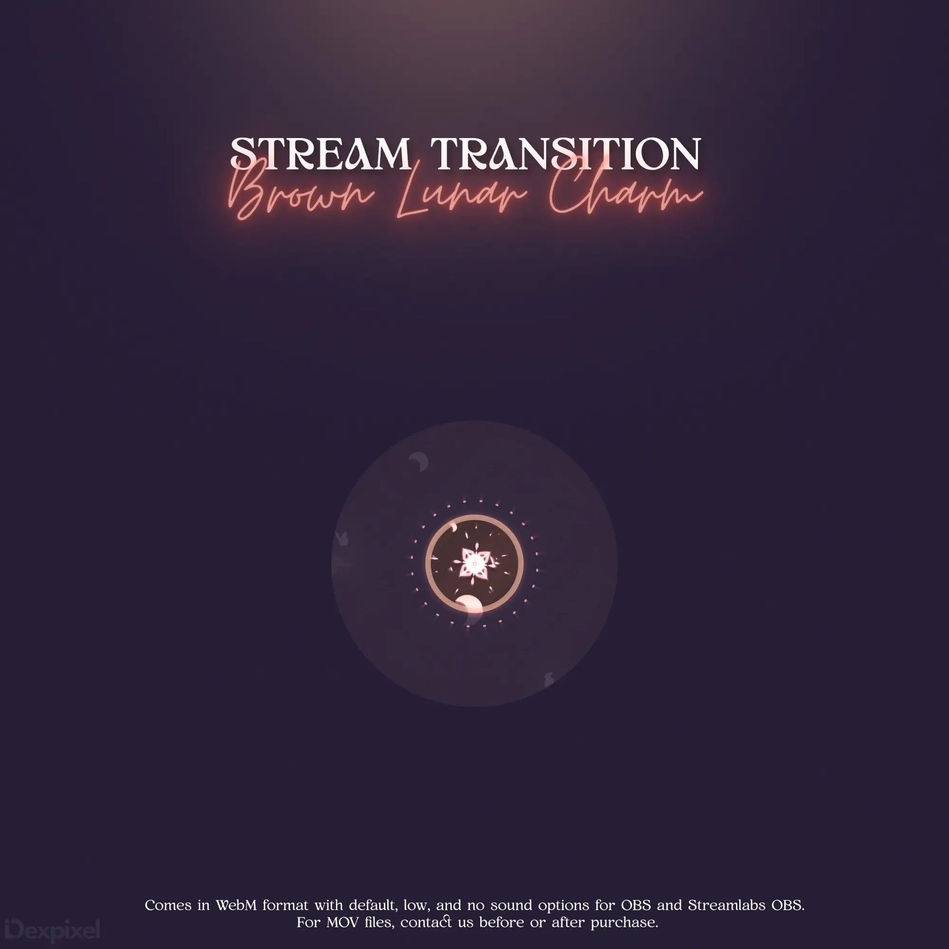 Glowing circular stream transition animation with radiating dots and lines.