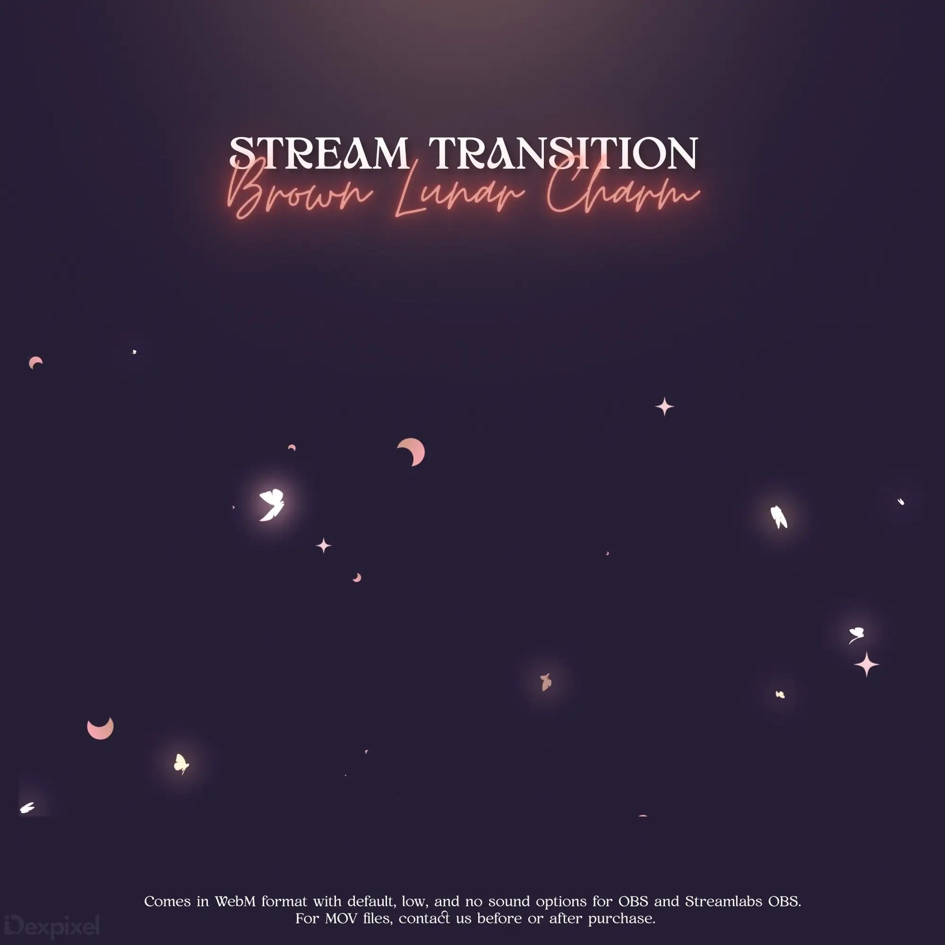 Stream transition screen with pink neon text and floating sparkles.