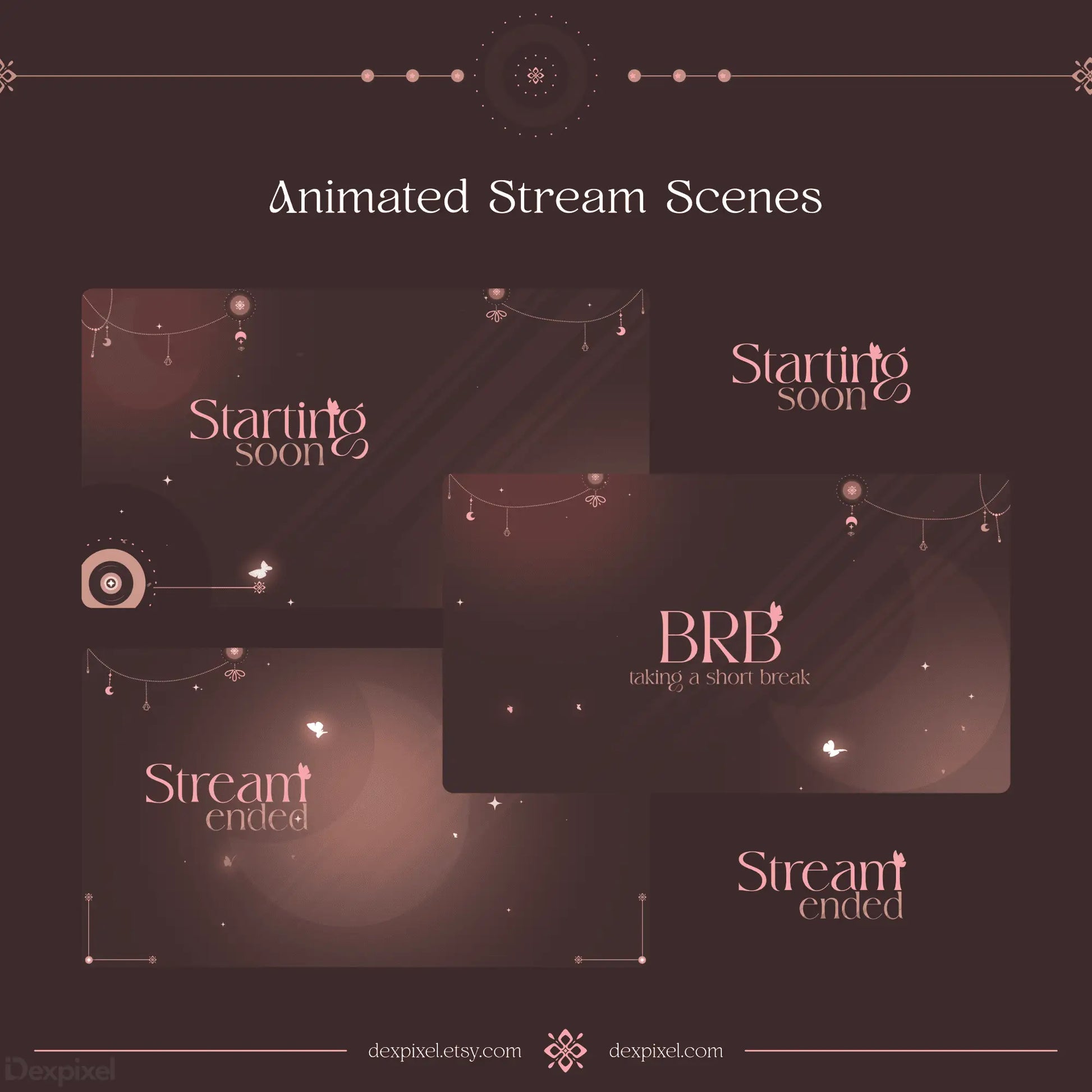 Collection of animated streaming scene overlays with text like ’Starting soon’ and ’Stream ended’ in an elegant style.