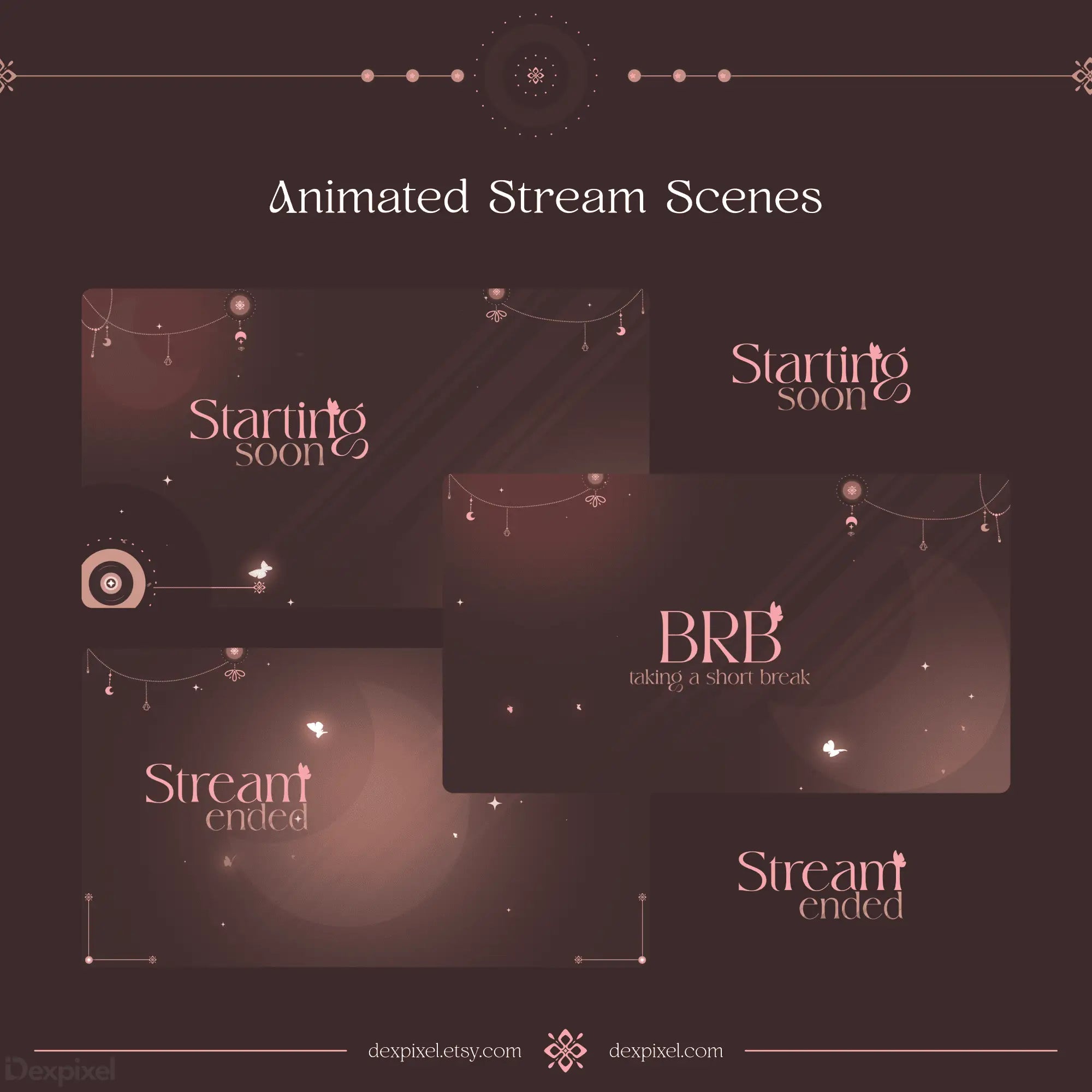 Collection of animated streaming scene overlays with text like ’Starting soon’ and ’Stream ended’ in an elegant style.