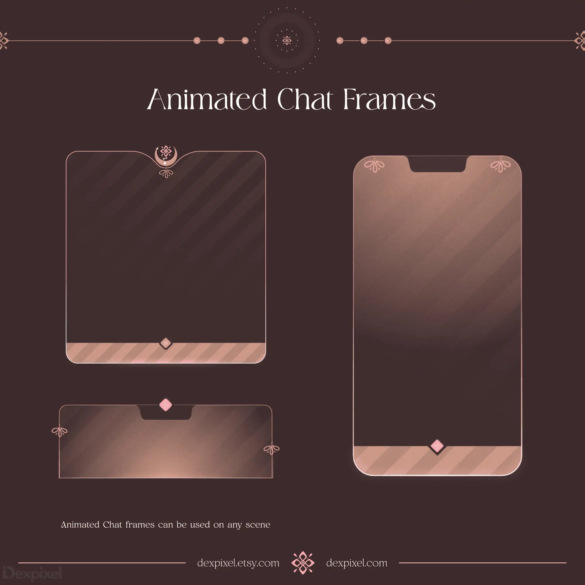 Elegant rose gold and brown animated chat frame templates with decorative accents.