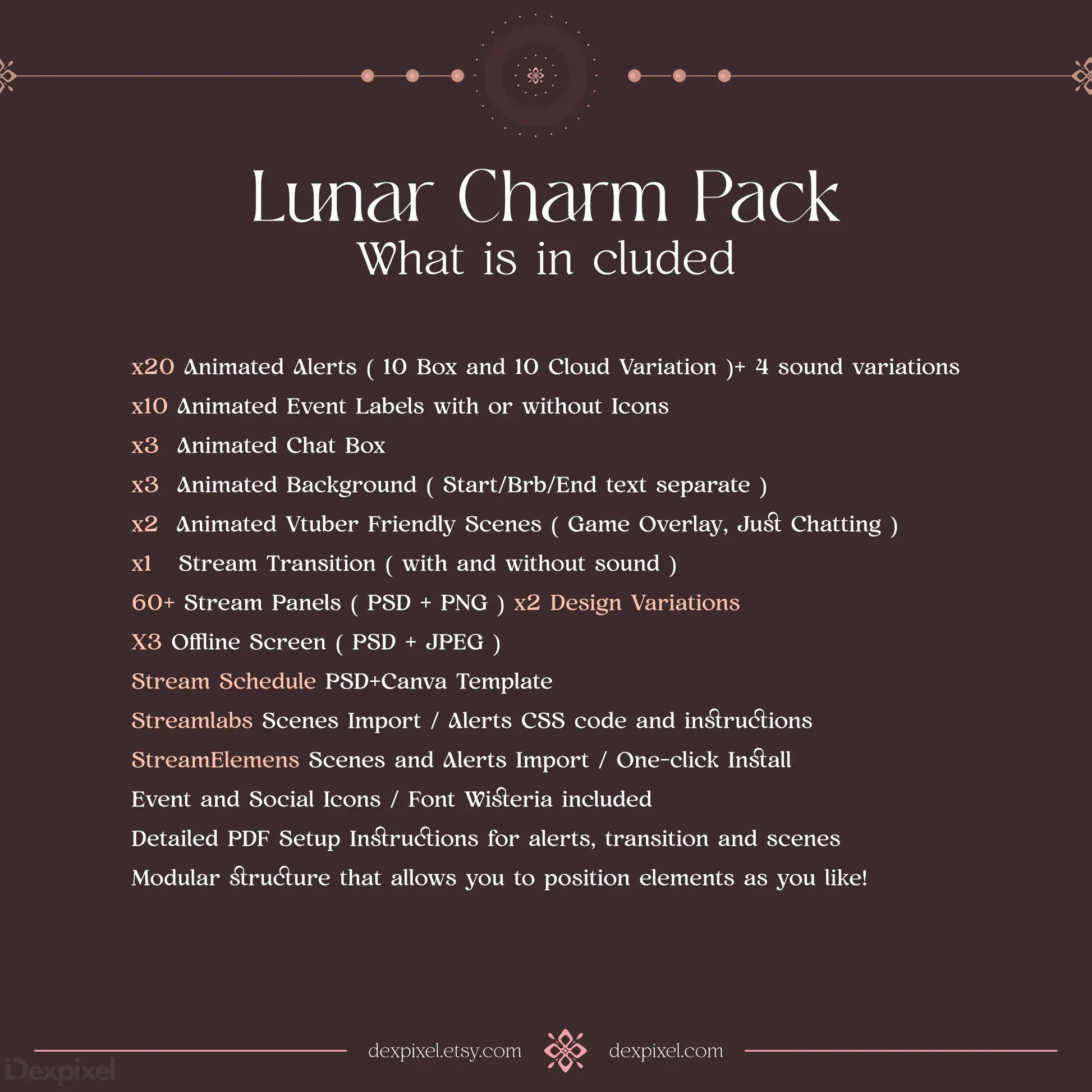 Product information list for a ’Lunar Charm Pack’ showing included digital assets and features.