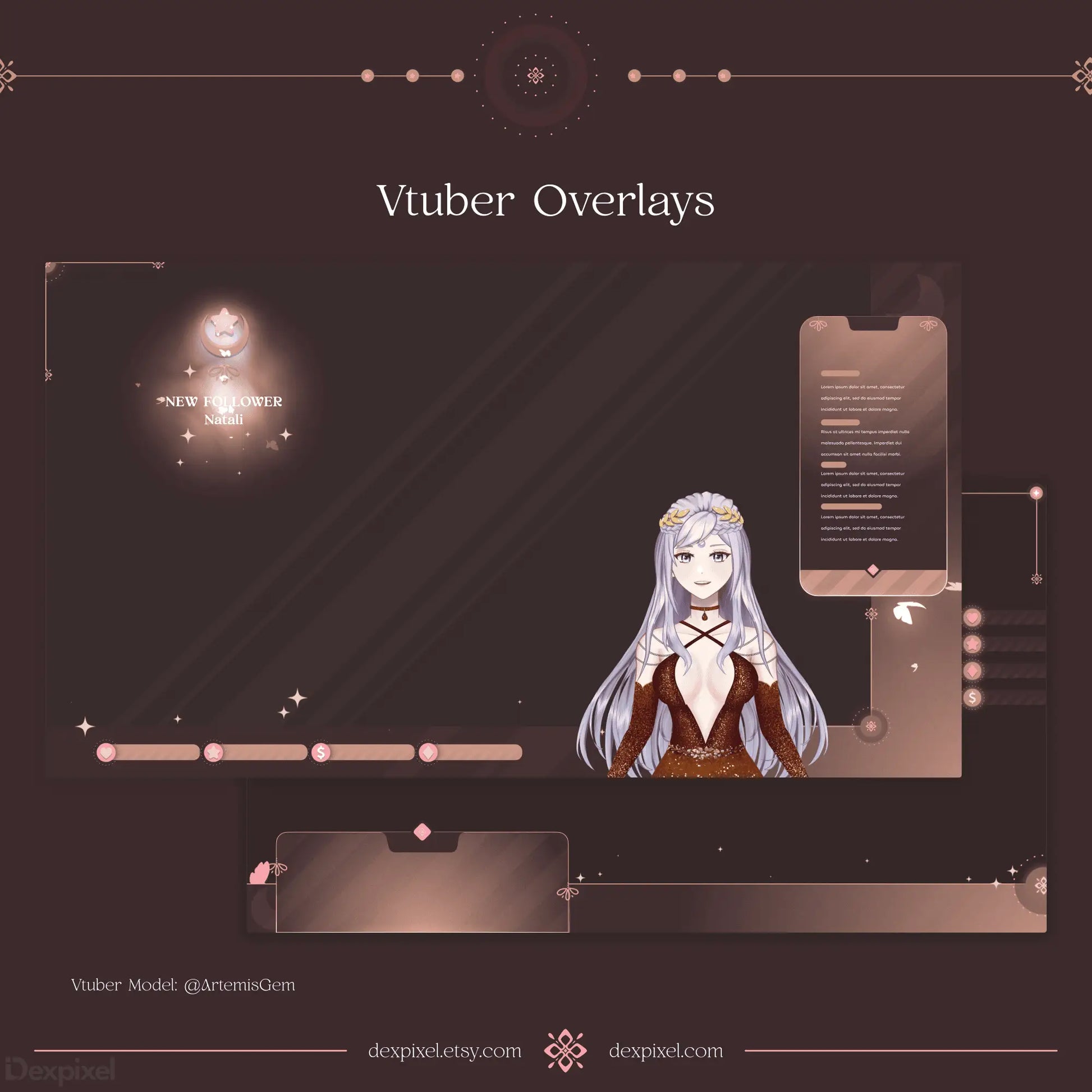 Vtuber overlay template featuring an anime-style character with long silver hair and brown clothing.