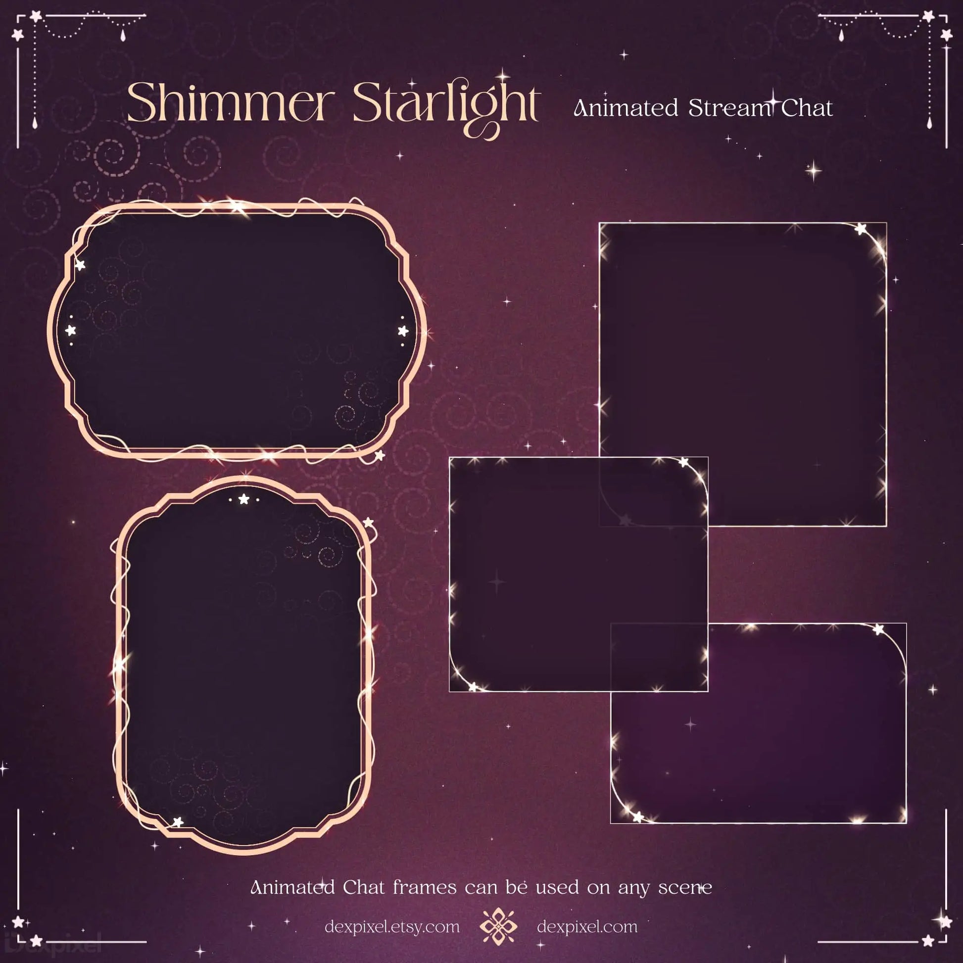 Decorative streaming frames with glowing starlight borders in brown pink glow tones