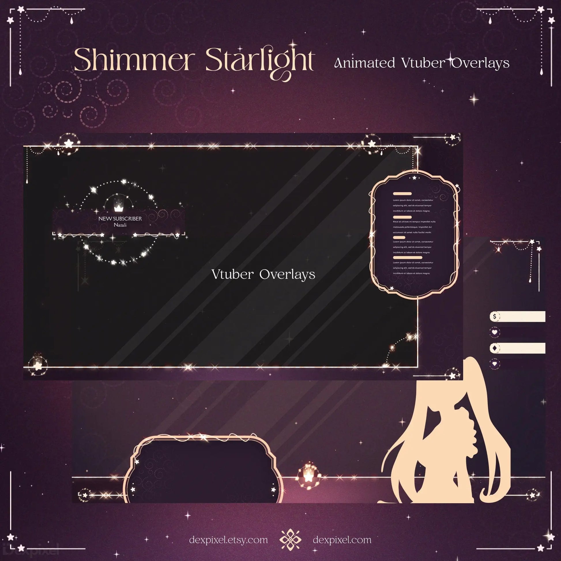 Decorative VTuber stream overlay template in Brown Pink Shimmer Starlight Animated Stream Pack