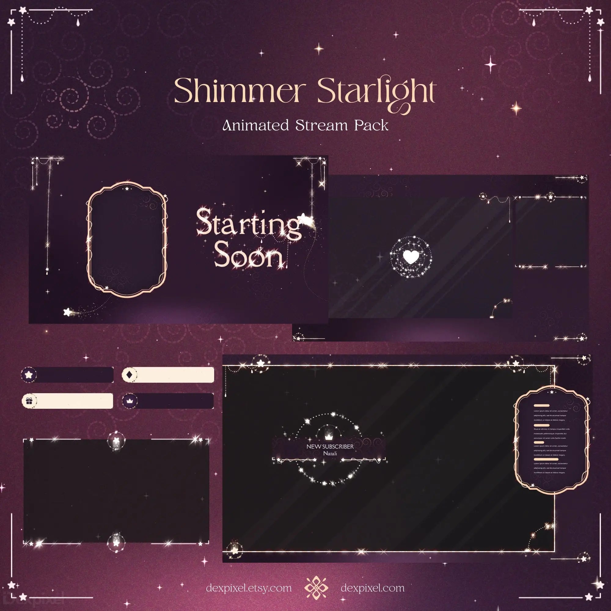 Magical shimmer starlight animated stream pack with brown pink glow decorative frames