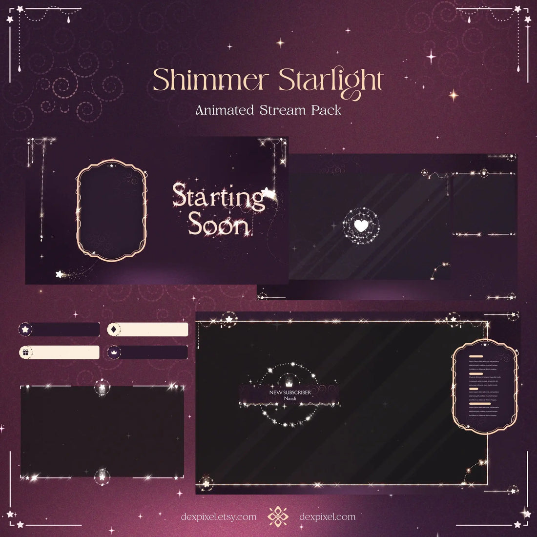 Magical shimmer starlight animated stream pack with brown pink glow decorative frames