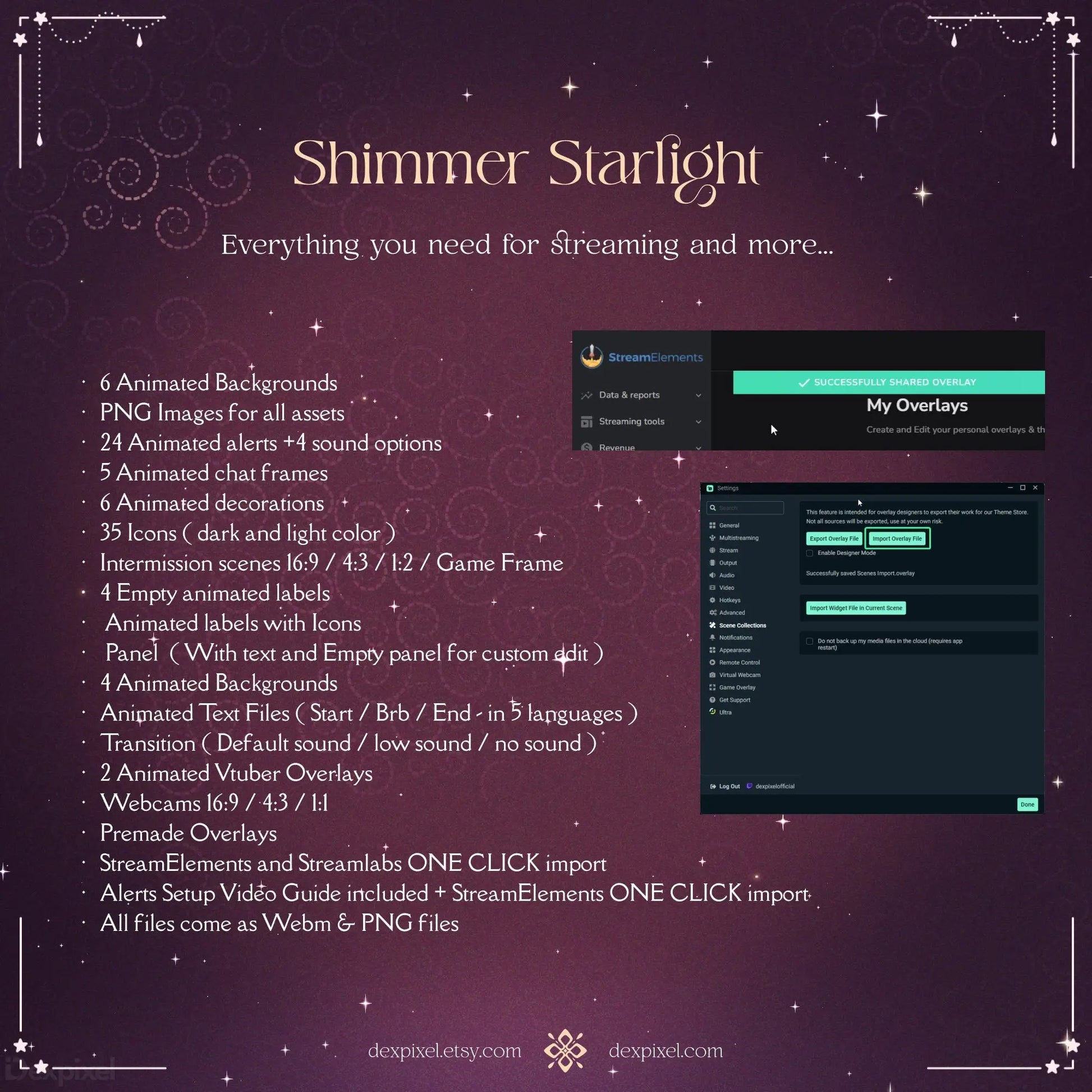 Streaming overlay package featuring animated elements in a dark teal color scheme