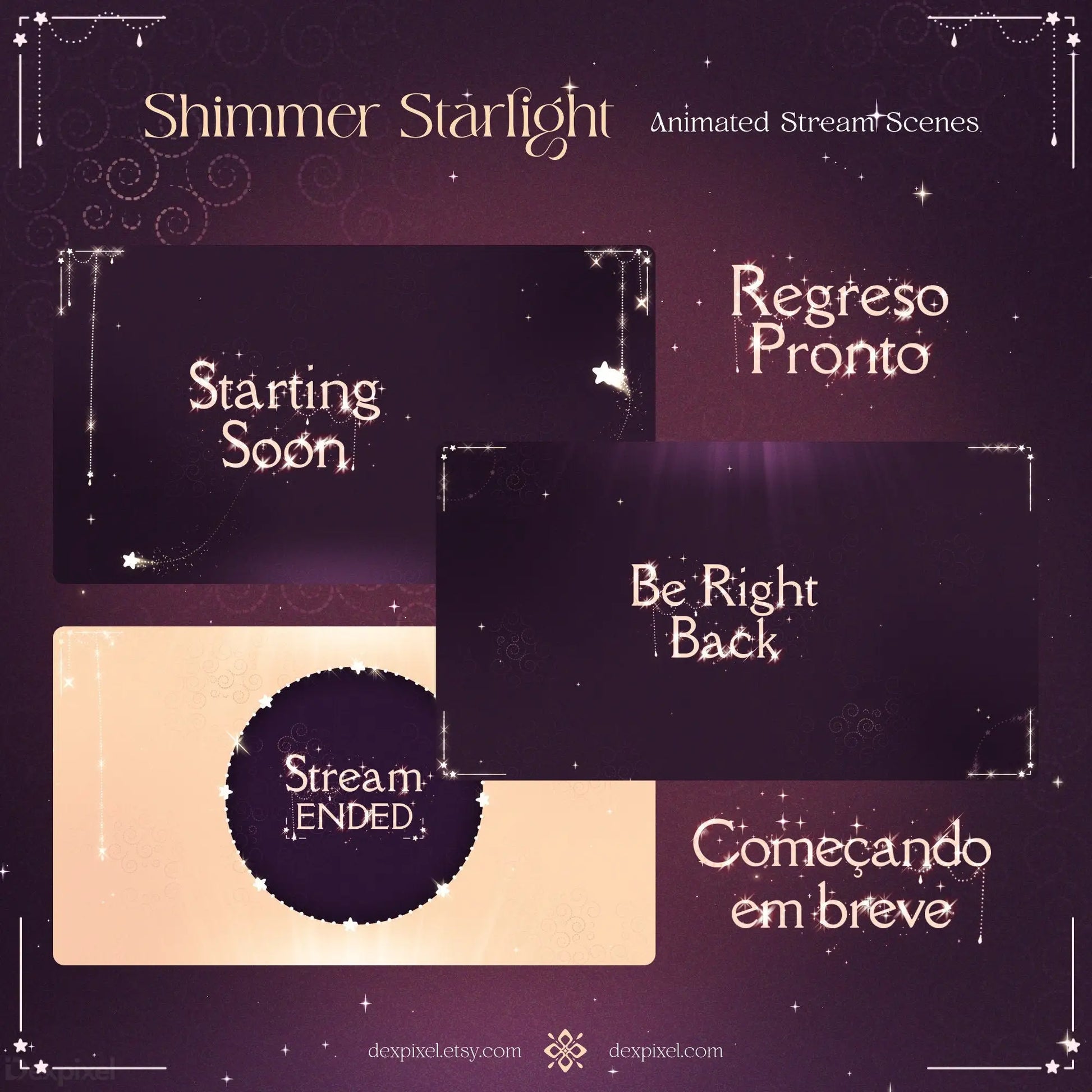 Animated Stream Pack featuring shimmer starlight screens in multiple languages with a brown pink glow