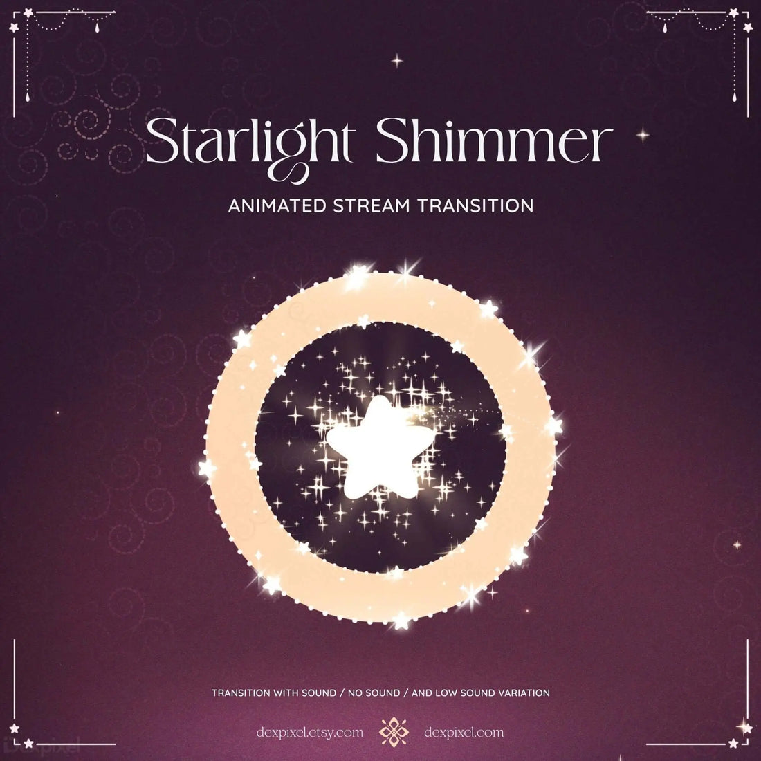 Animated stream transition featuring a shimmering star and glowing accents in brown and pink hues.