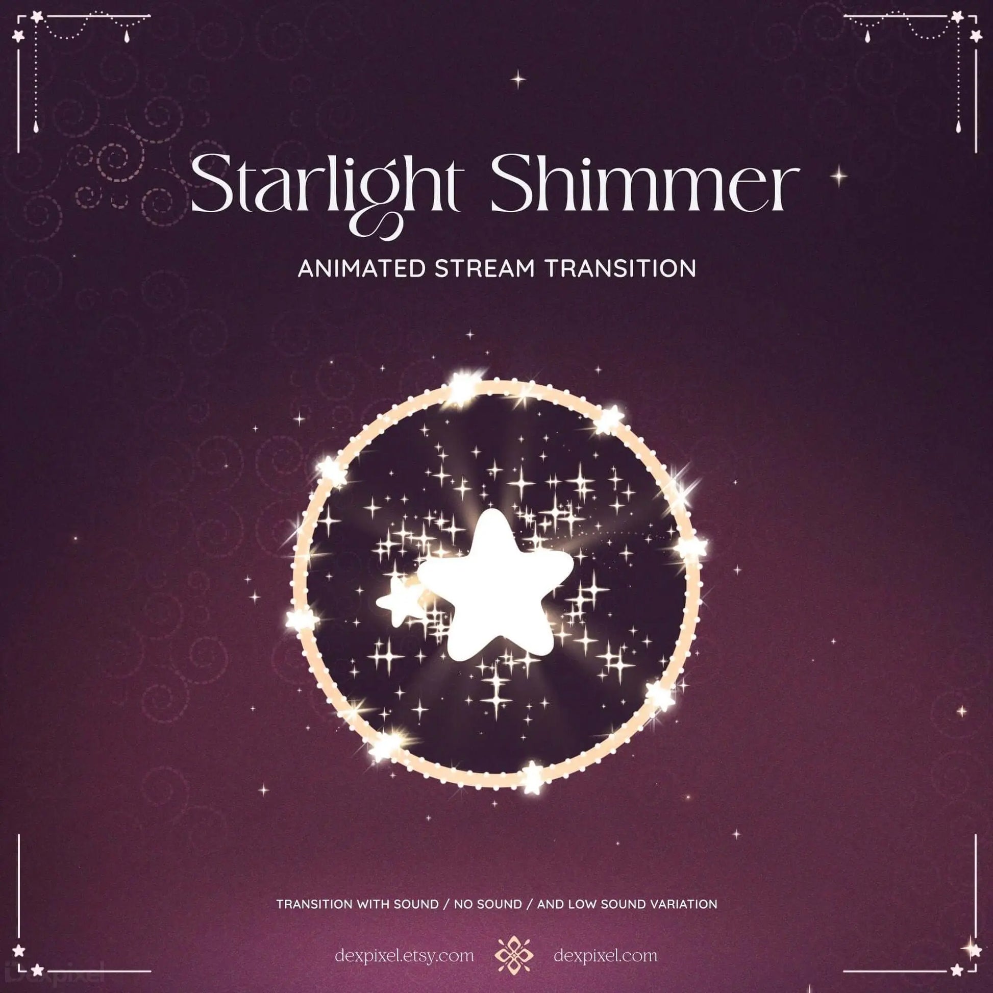 Starlight Shimmer animated stream transition with sparkling stars and pastel glow, ideal for Twitch and YouTube creators.