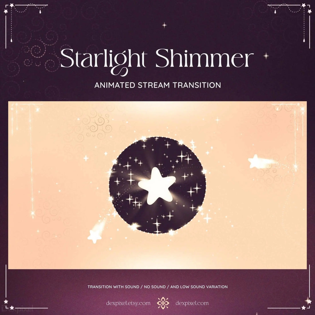 Animated stream transition featuring a shimmering star and glowing accents in brown and pink hues.