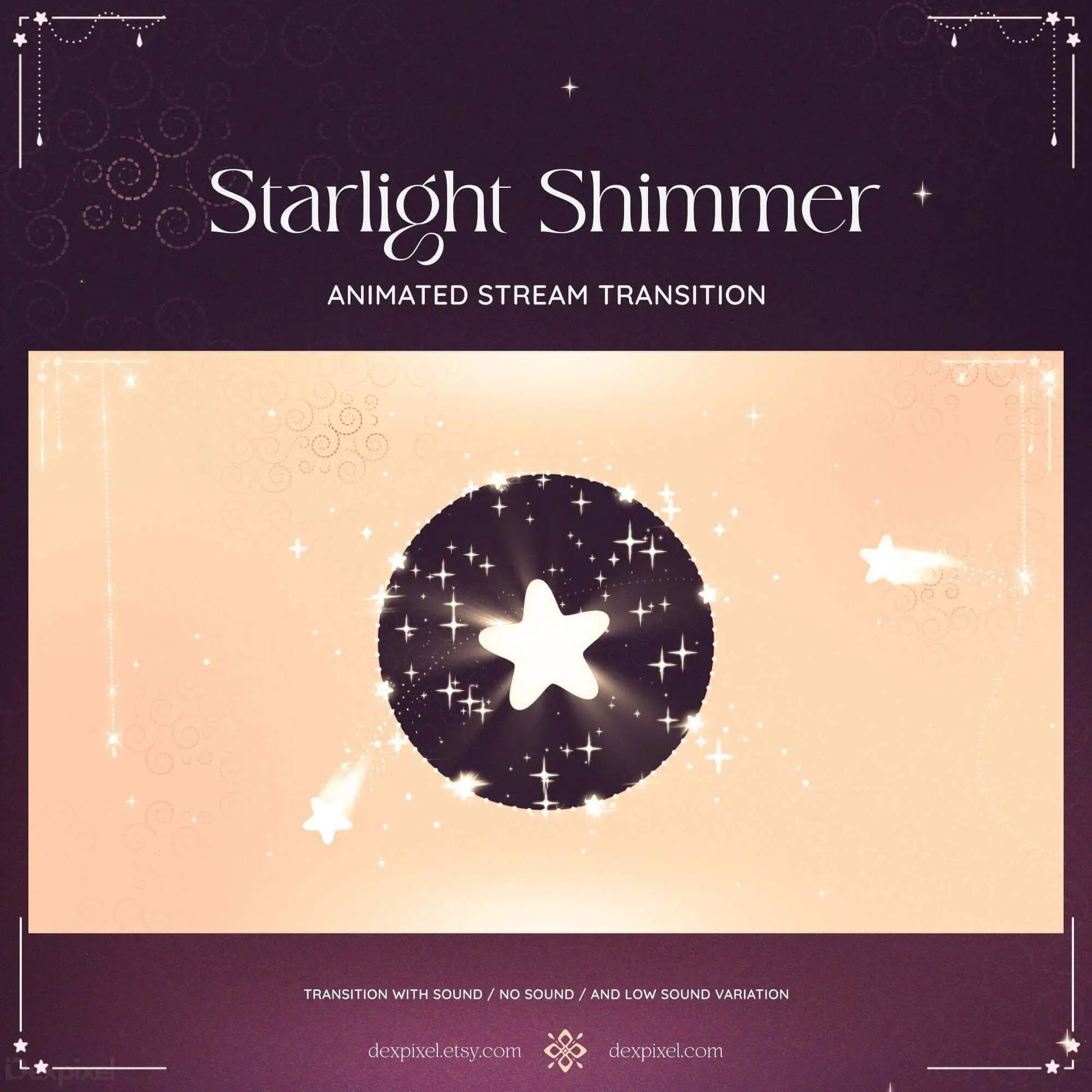 Animated stream transition featuring a shimmering star and glowing accents in brown and pink hues.
