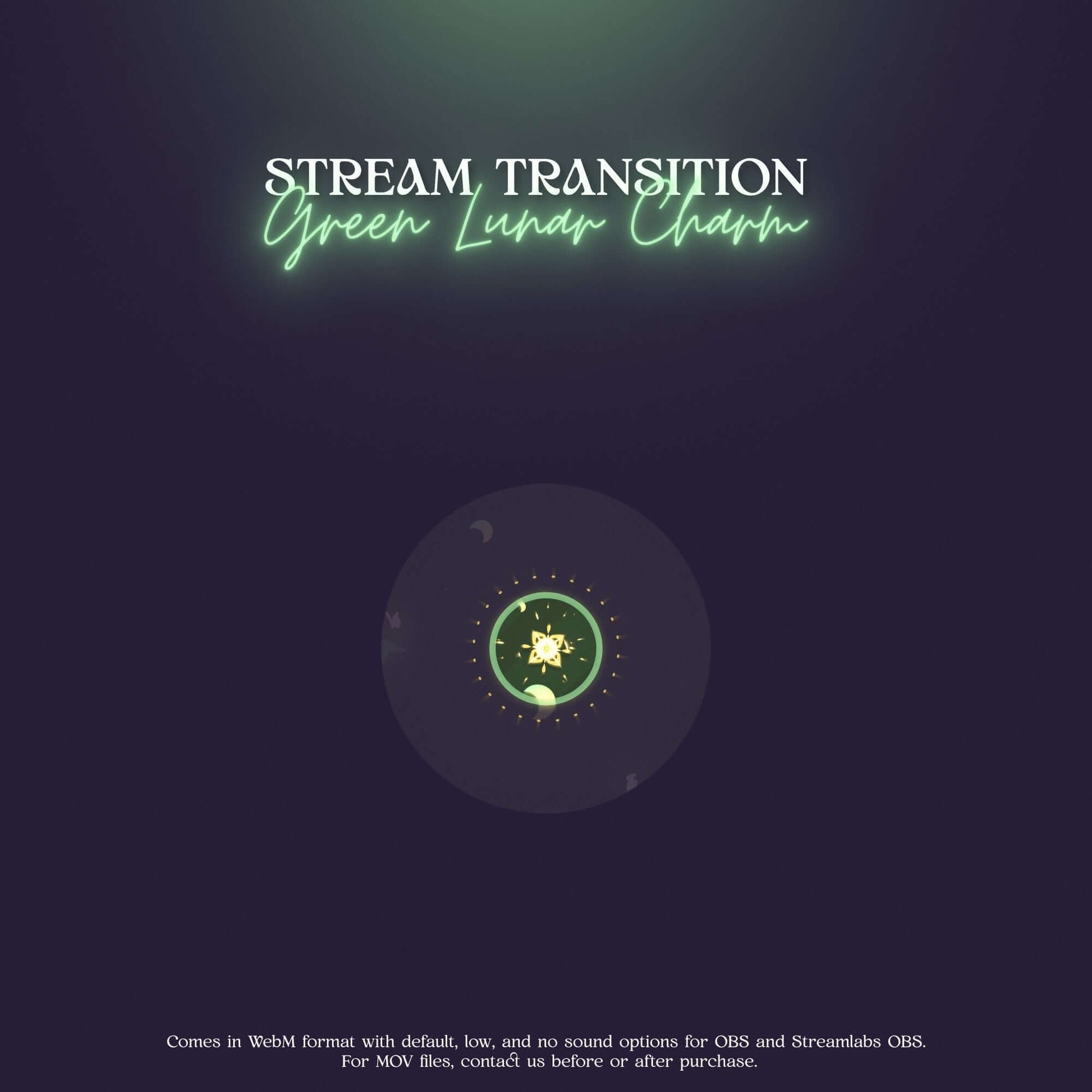 Pastel green lunar charm stream transition graphic for Vloggers, featuring celestial moon animations and stylish aesthetics.