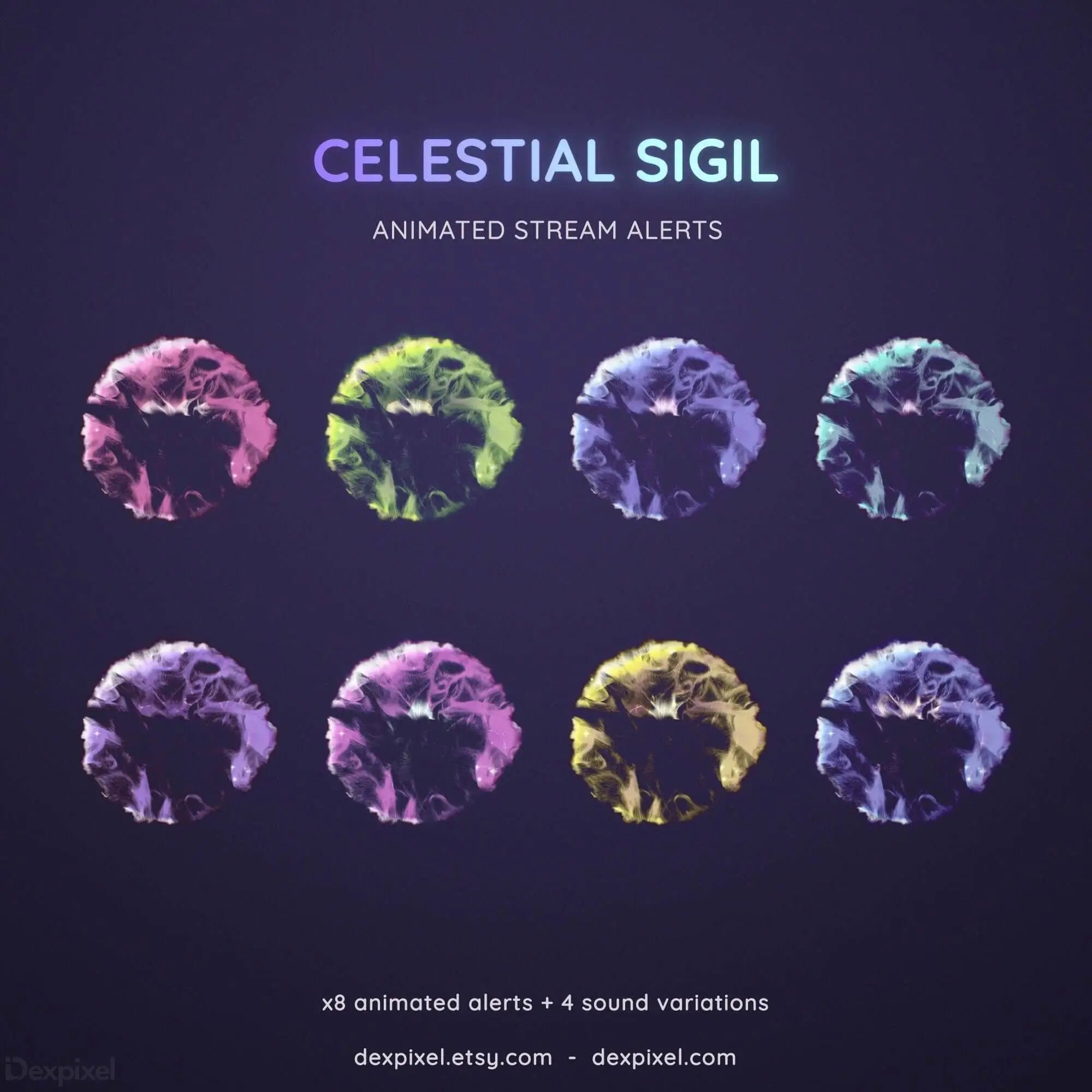 Eight circular mystical tree symbols in different ethereal colors.