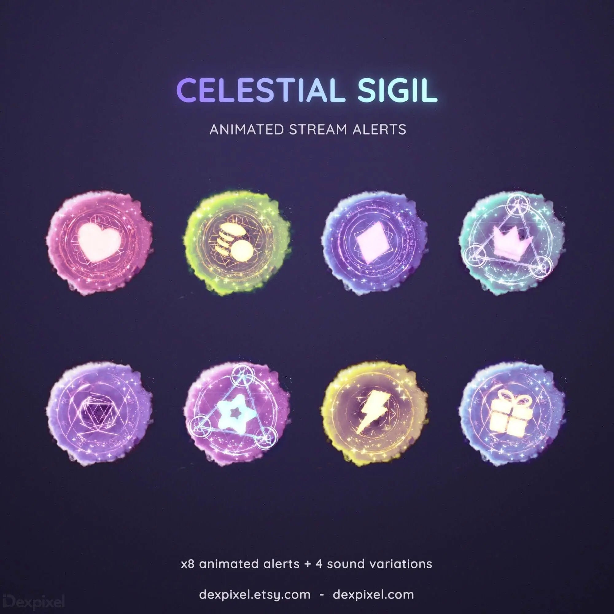 Set of eight mystical circular sigils in pastel colors with different symbols inside each ring.