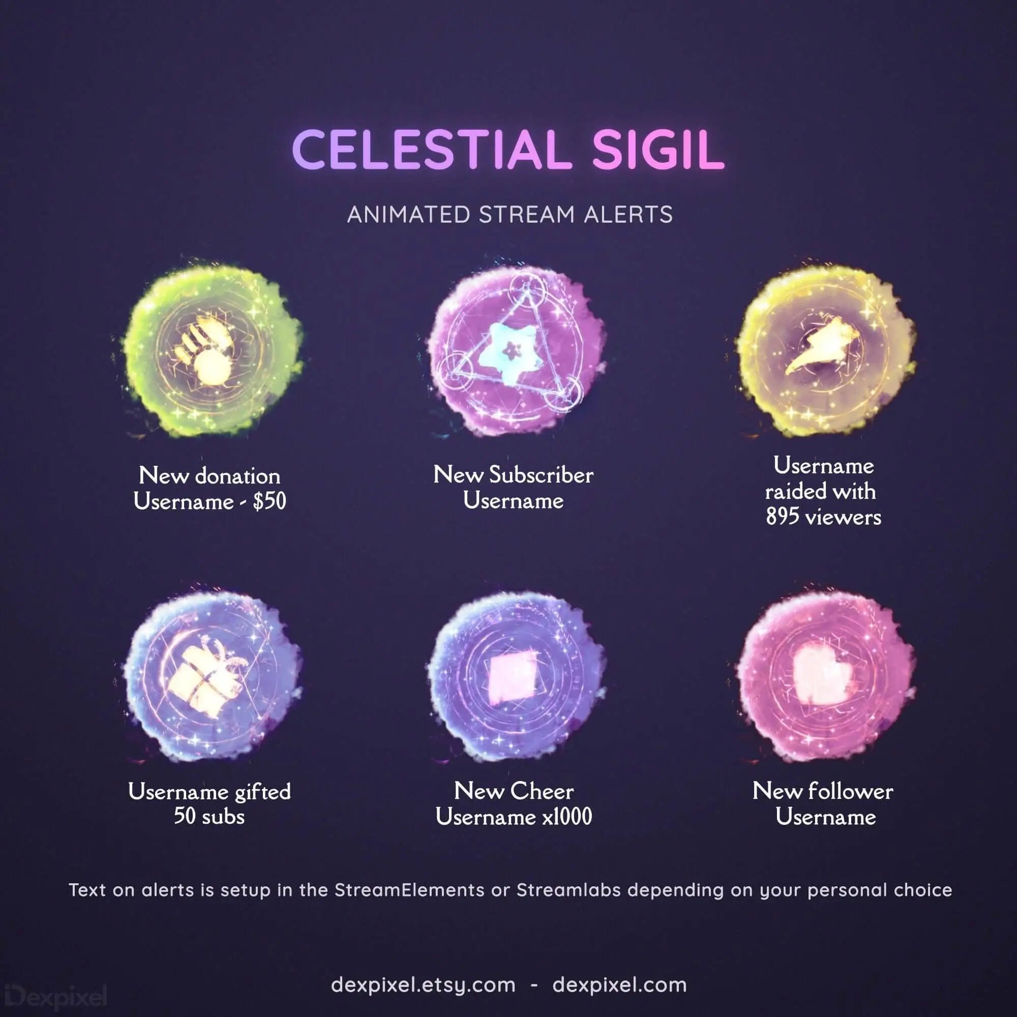 Set of mystical glowing stream alert icons with celestial designs and purple text.
