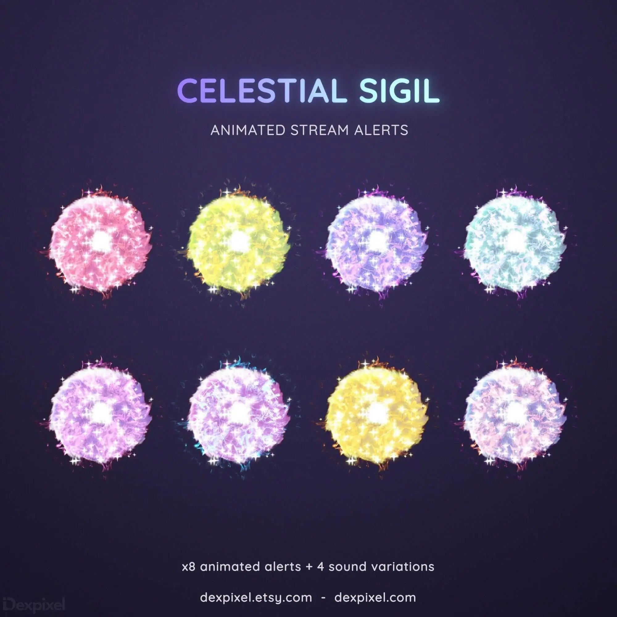Set of glowing, celestial orb alert animations in pink, yellow, purple, and blue colors.