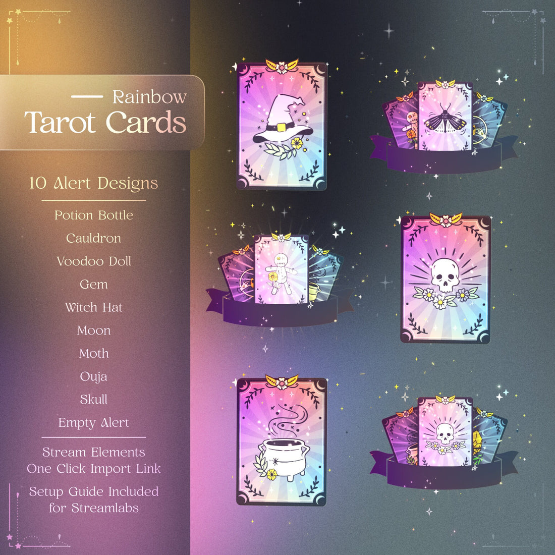 rainbow gold tarot cards animated stream alerts