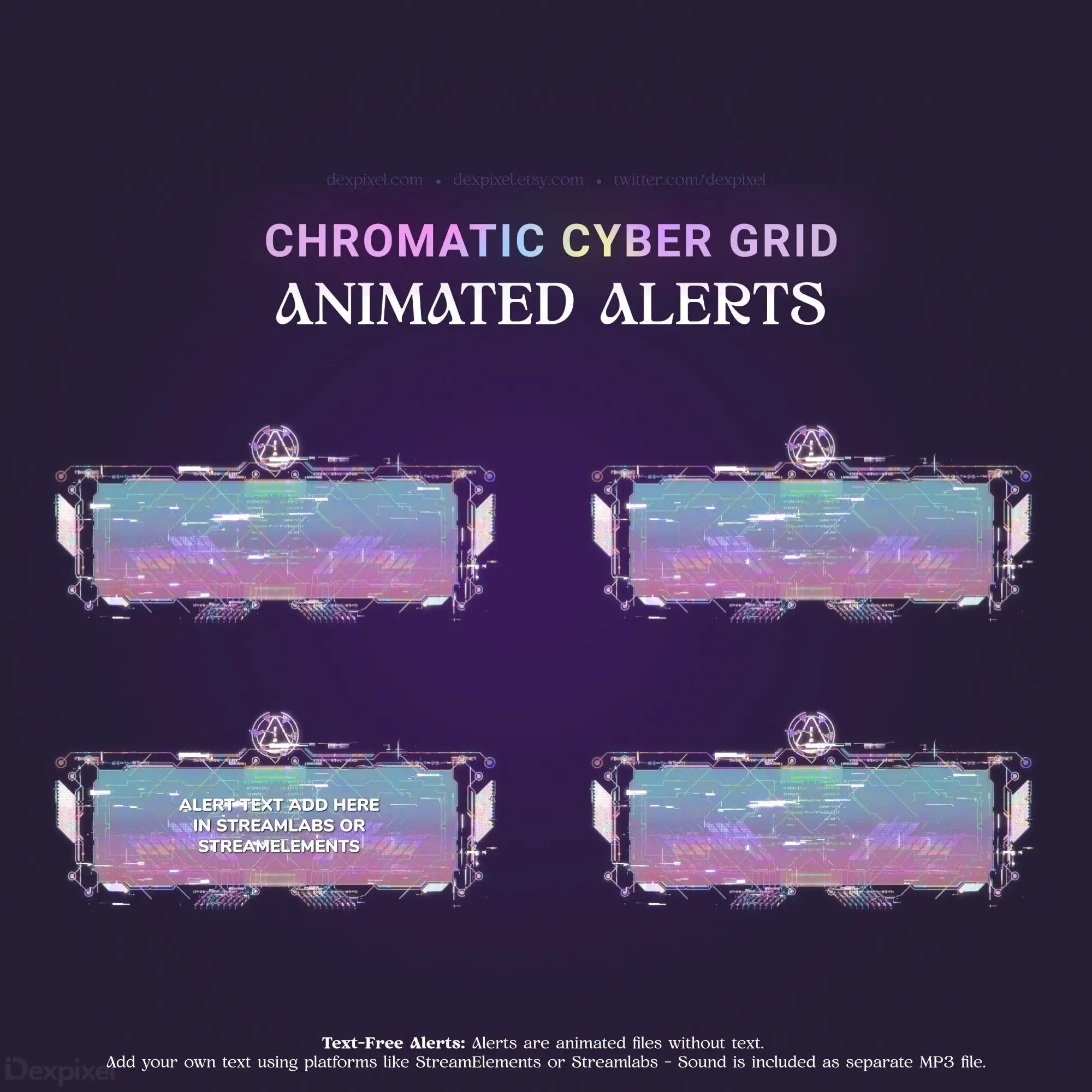 Animated stream alerts with a chromatic cyber grid design.