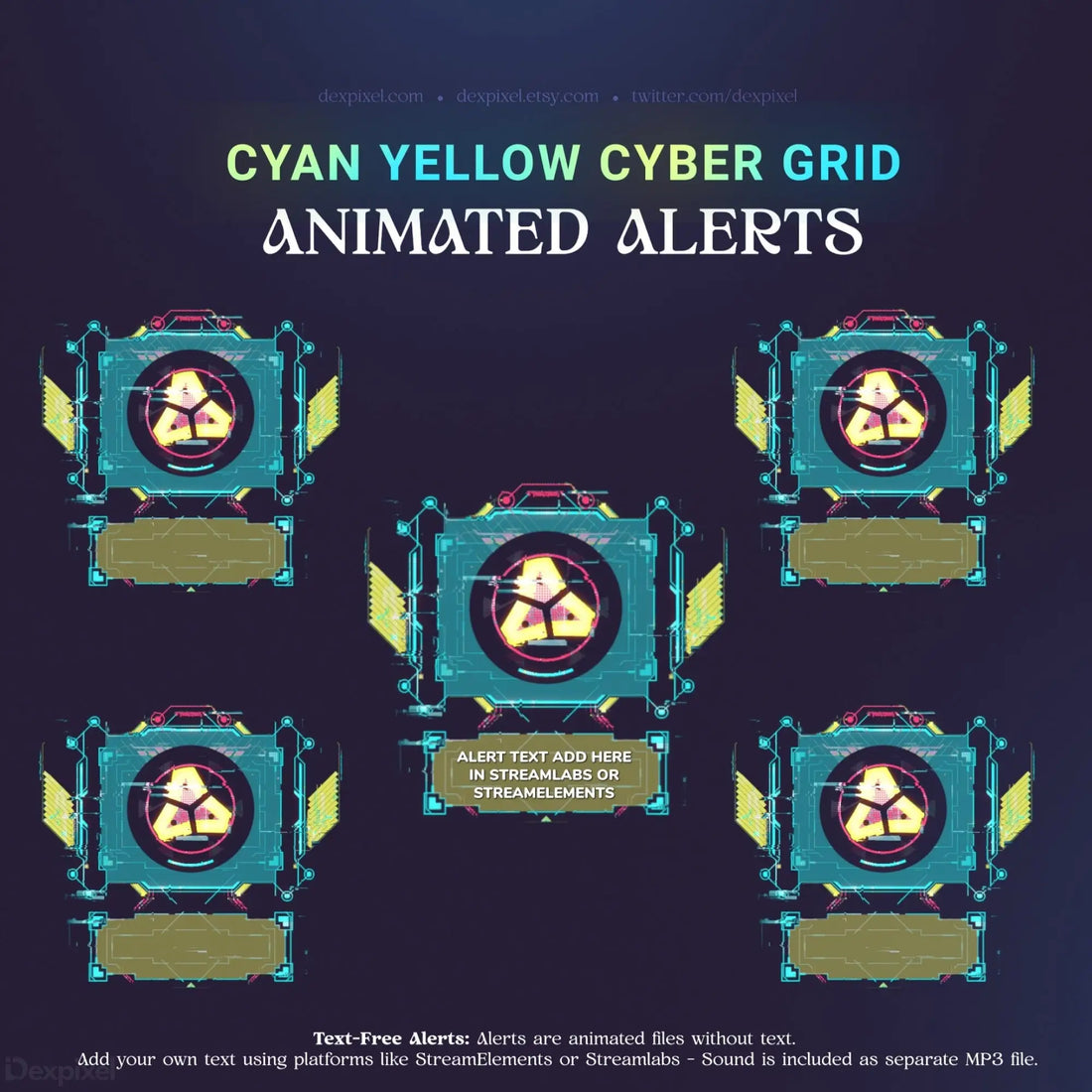 Cyan and yellow cyber grid animated alerts.