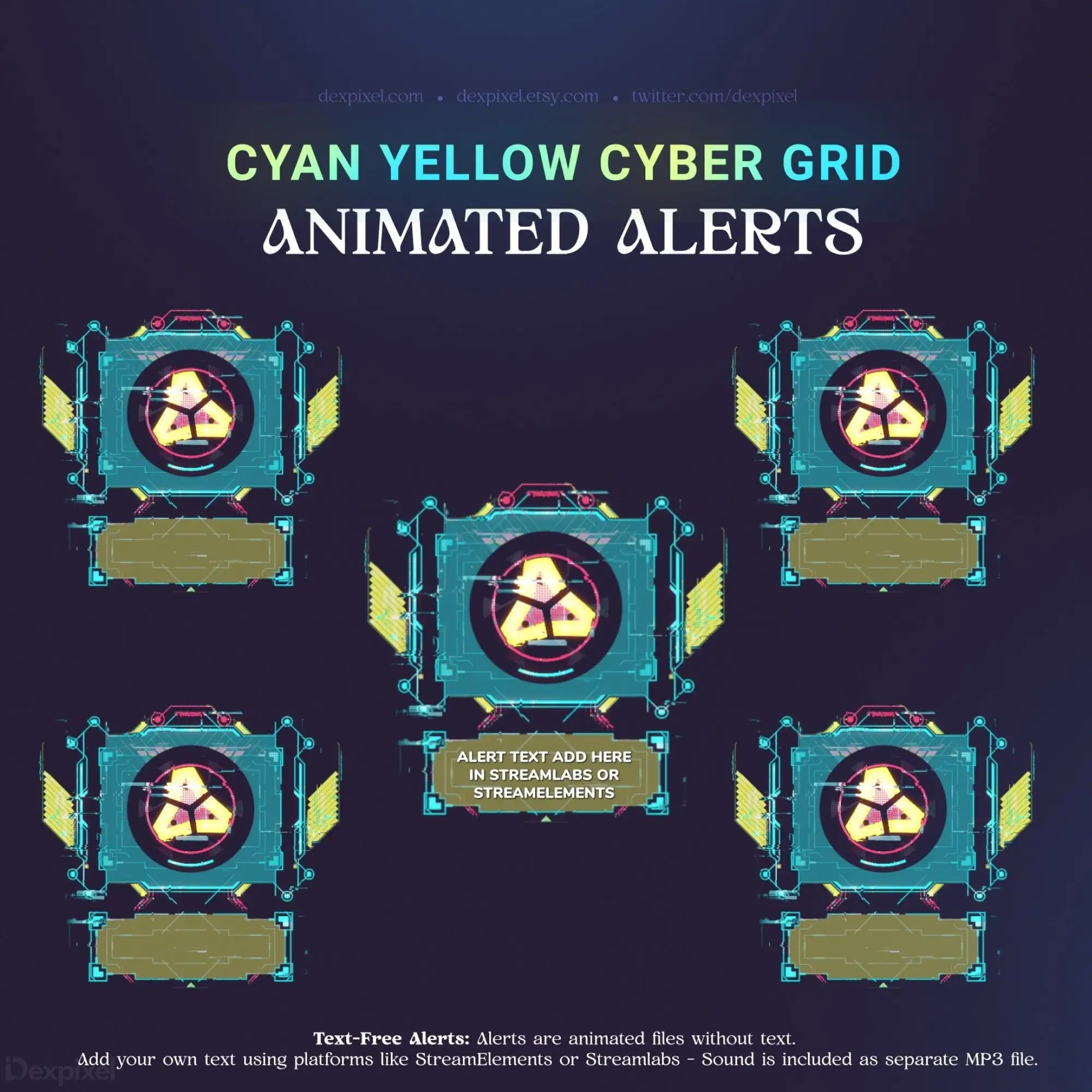 Cyan and yellow cyber grid animated alerts.