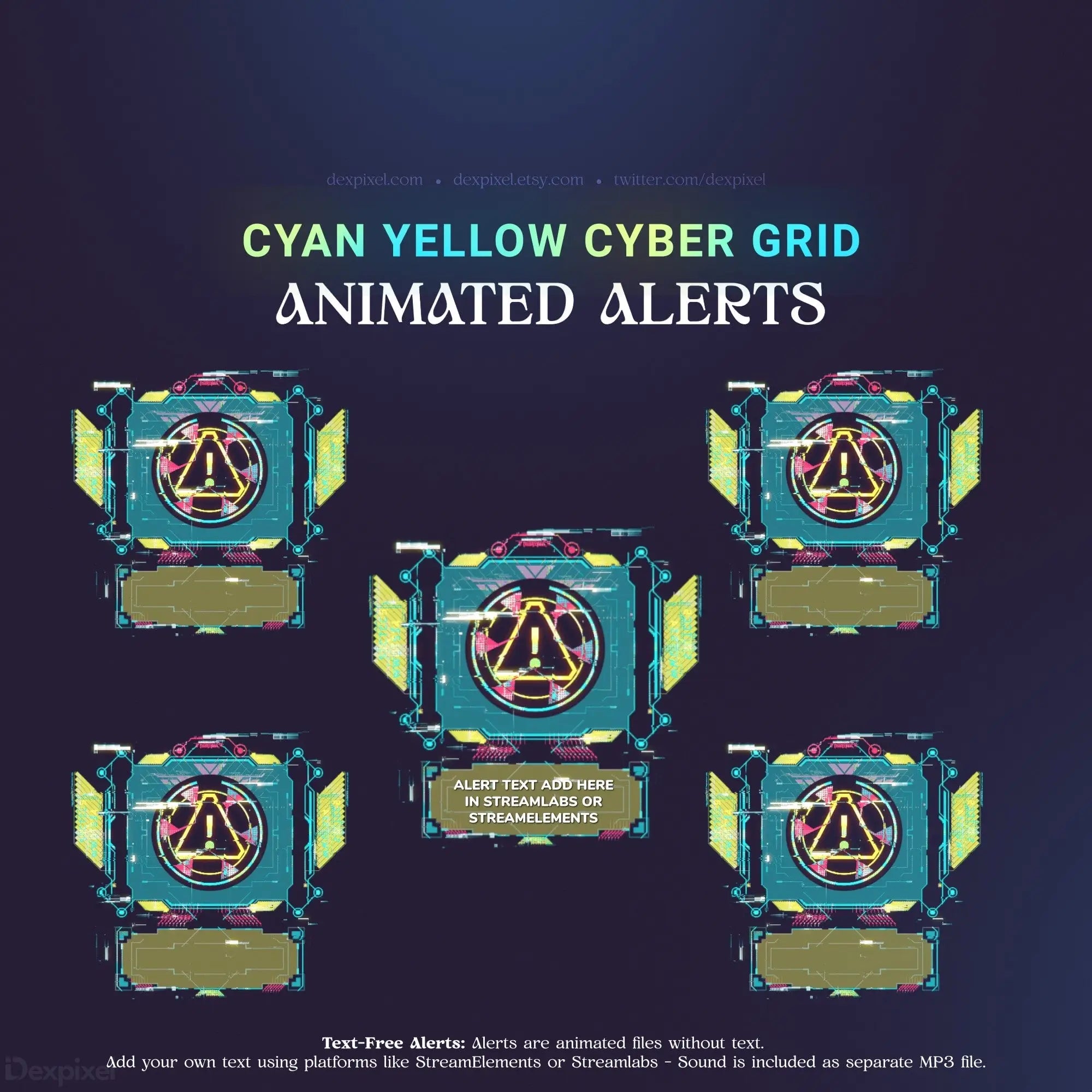 Cyan and yellow cyber grid animated alerts.