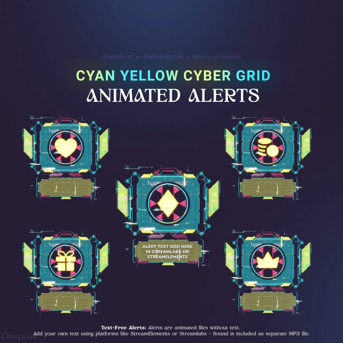 Cyan and yellow cyber grid animated alerts.