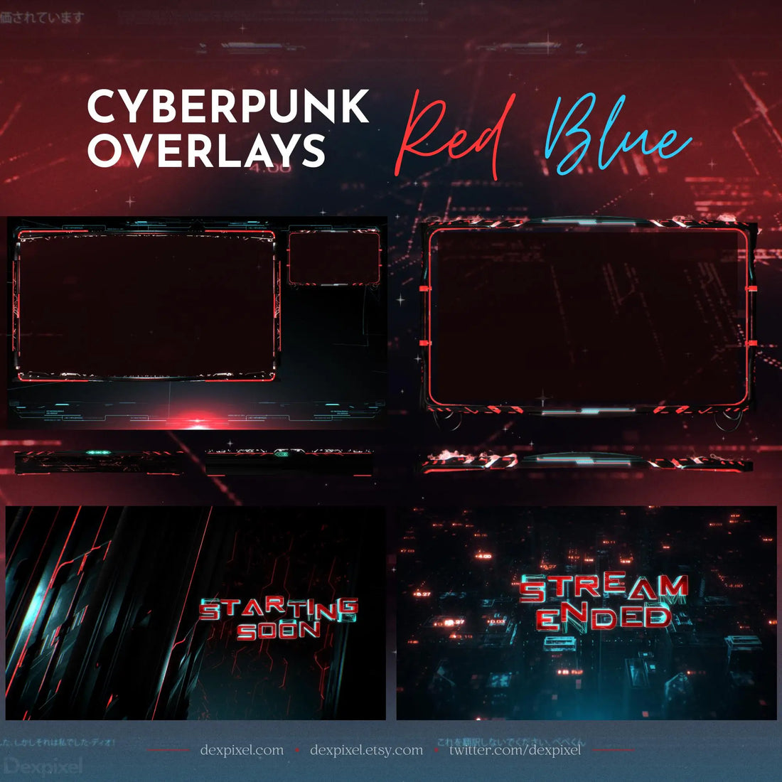 Cyberpunk Red Blue Animated Stream Scenes - Pack