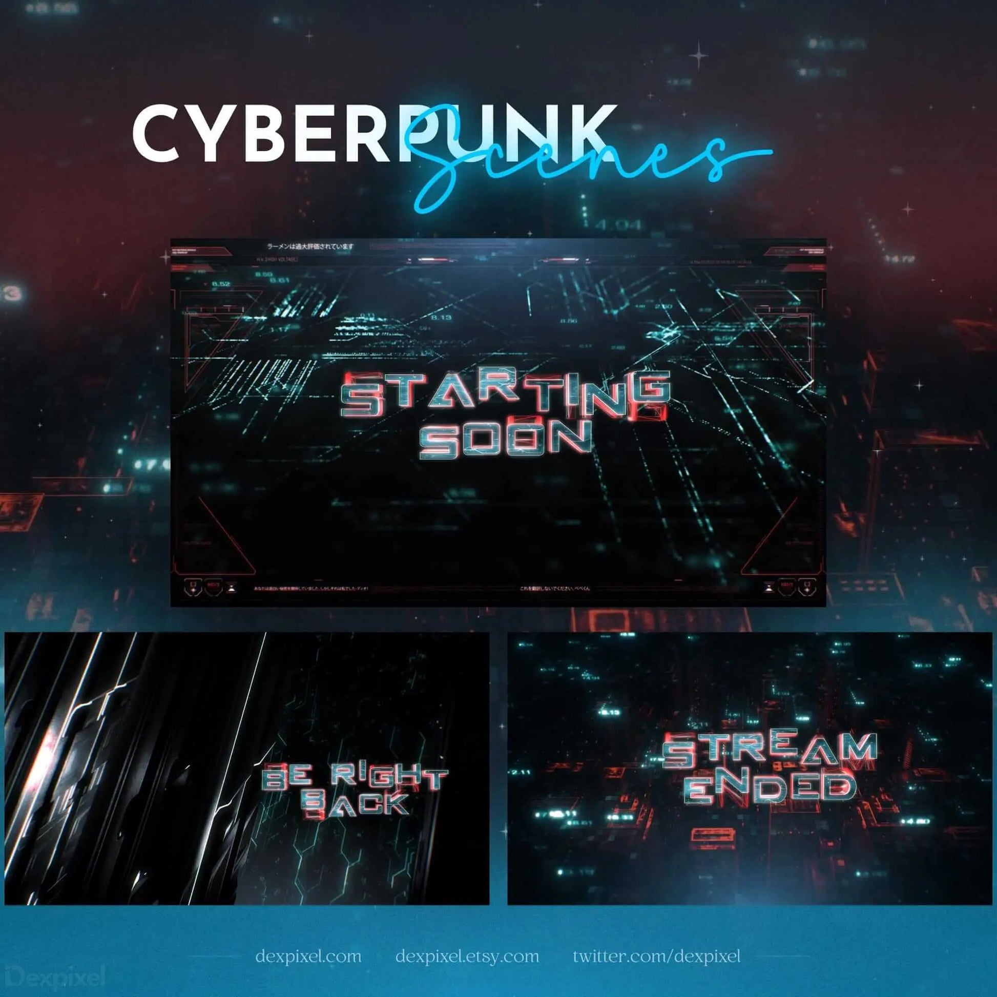 Cyberpunk Blue Animated Stream Scenes - Pack