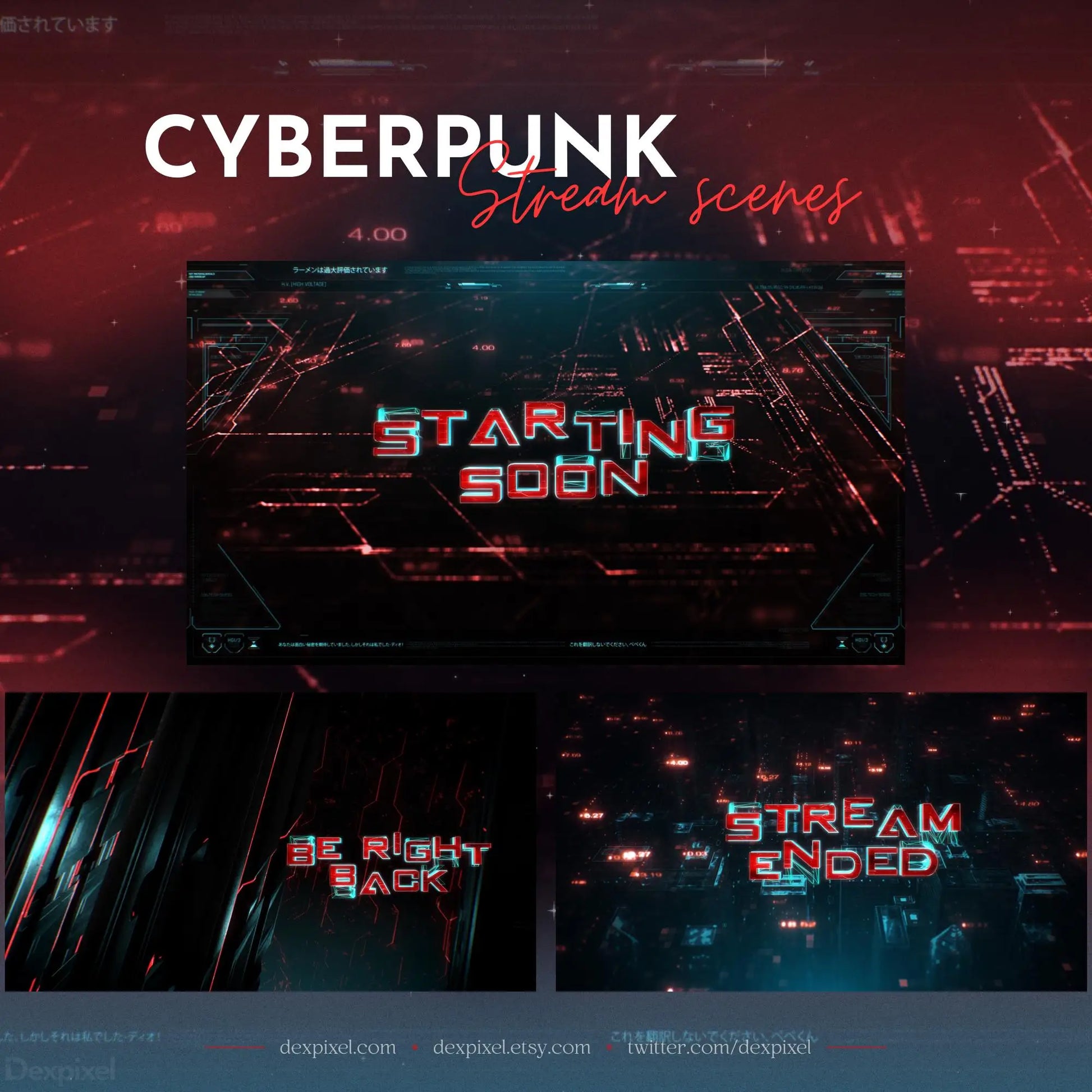 Cyberpunk Red Blue Animated Stream Scenes - Pack