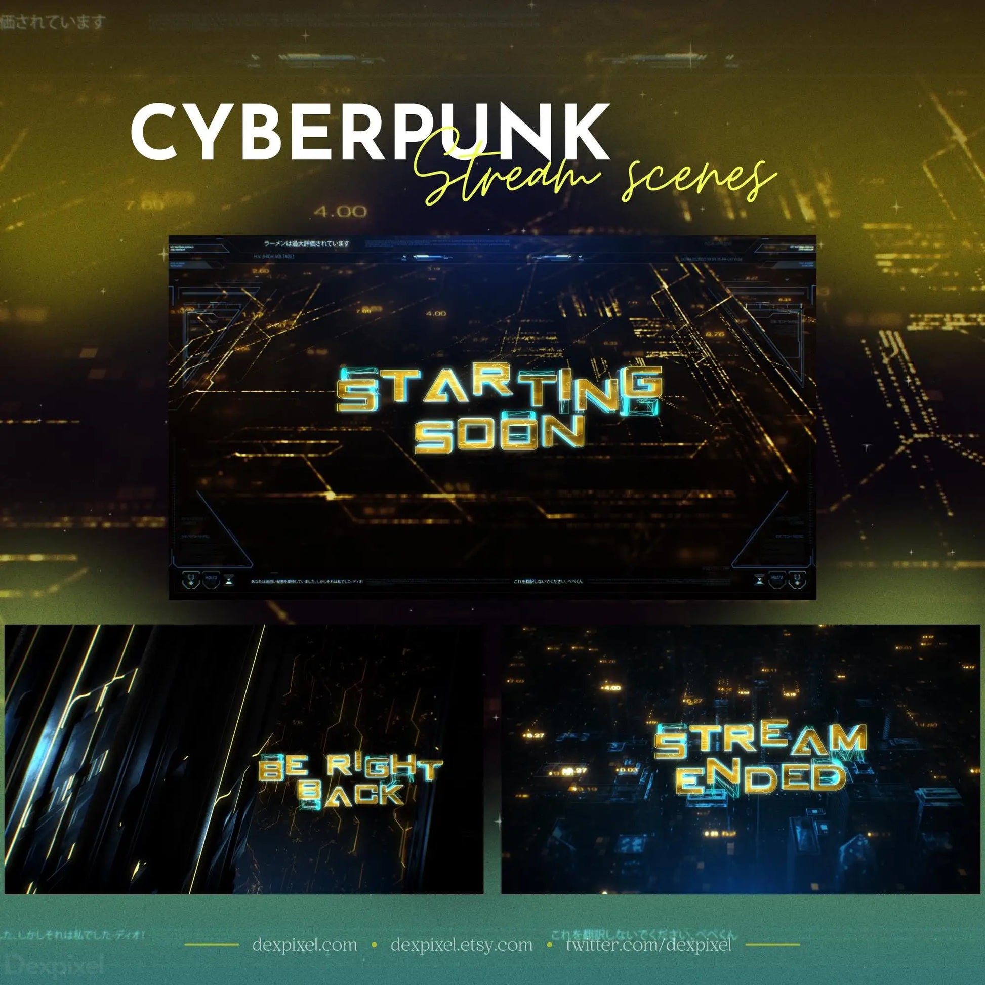 Cyberpunk Yellow Blue Animated Stream Scenes - Pack