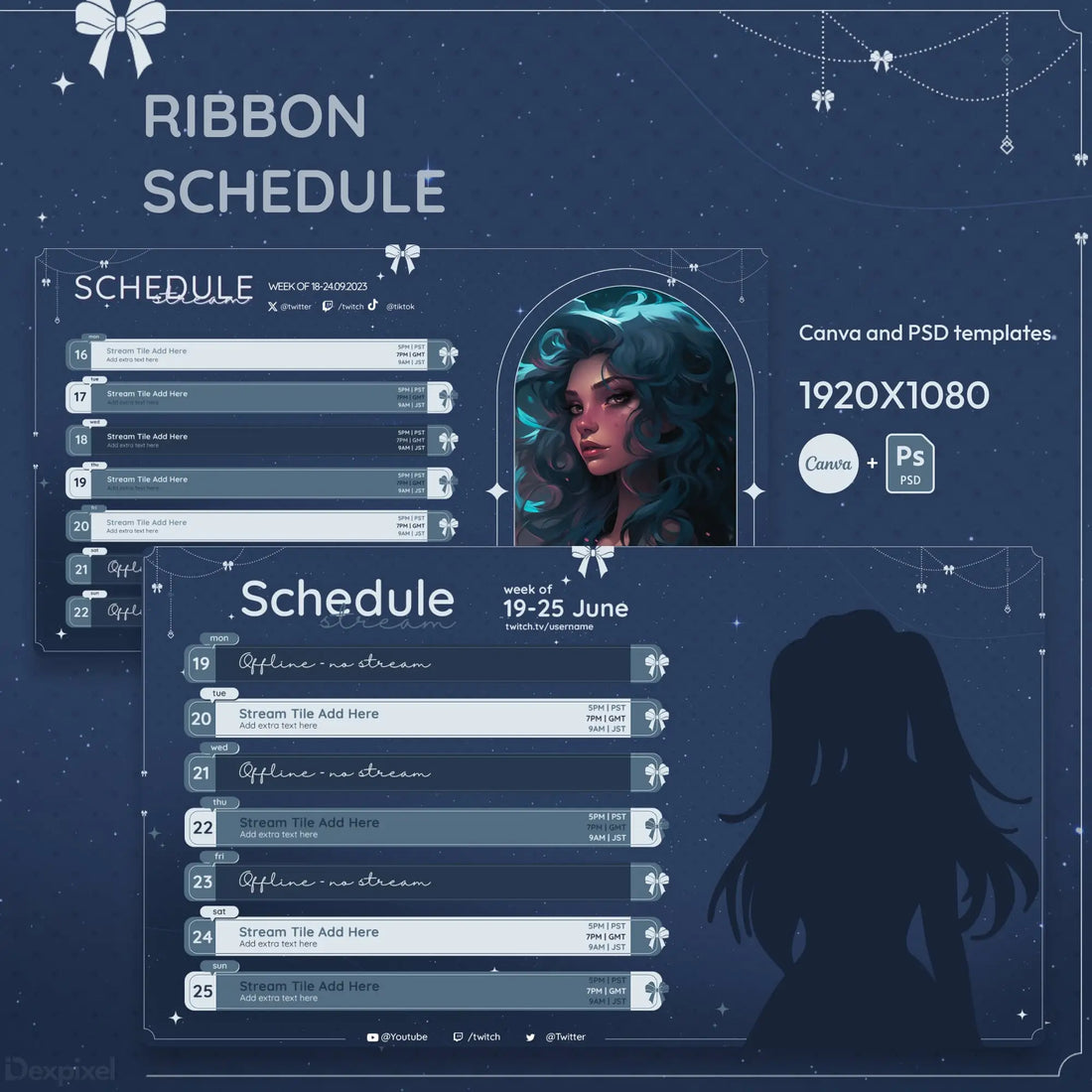 Dark blue streaming schedule template with ribbon decorations and an artistic character illustration panel.