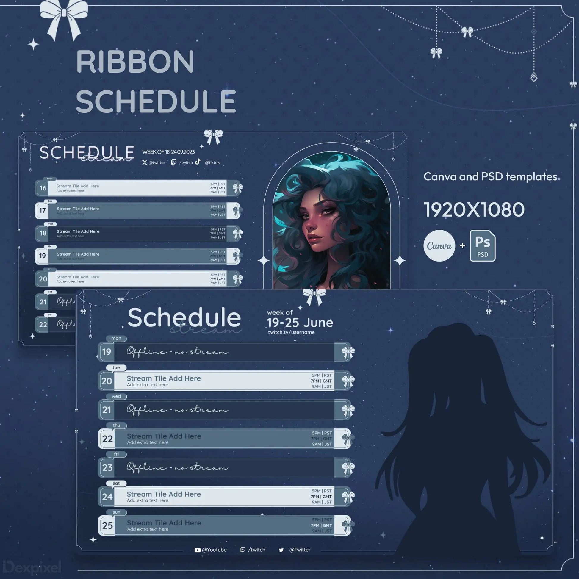 Dark blue schedule template with ribbon decorations and silhouette artwork.