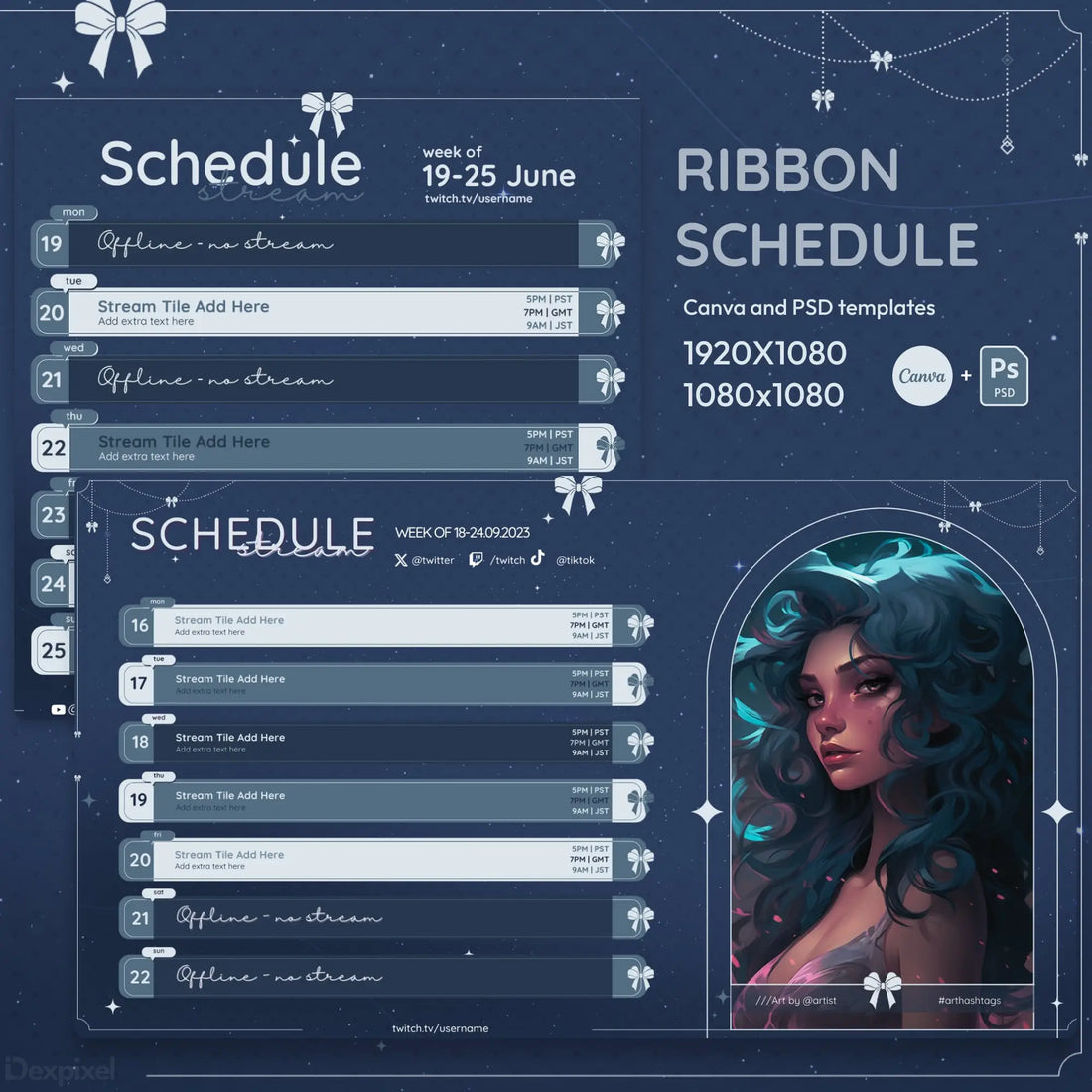 Dark blue streaming schedule template with ribbon decorations and an artistic character illustration panel.