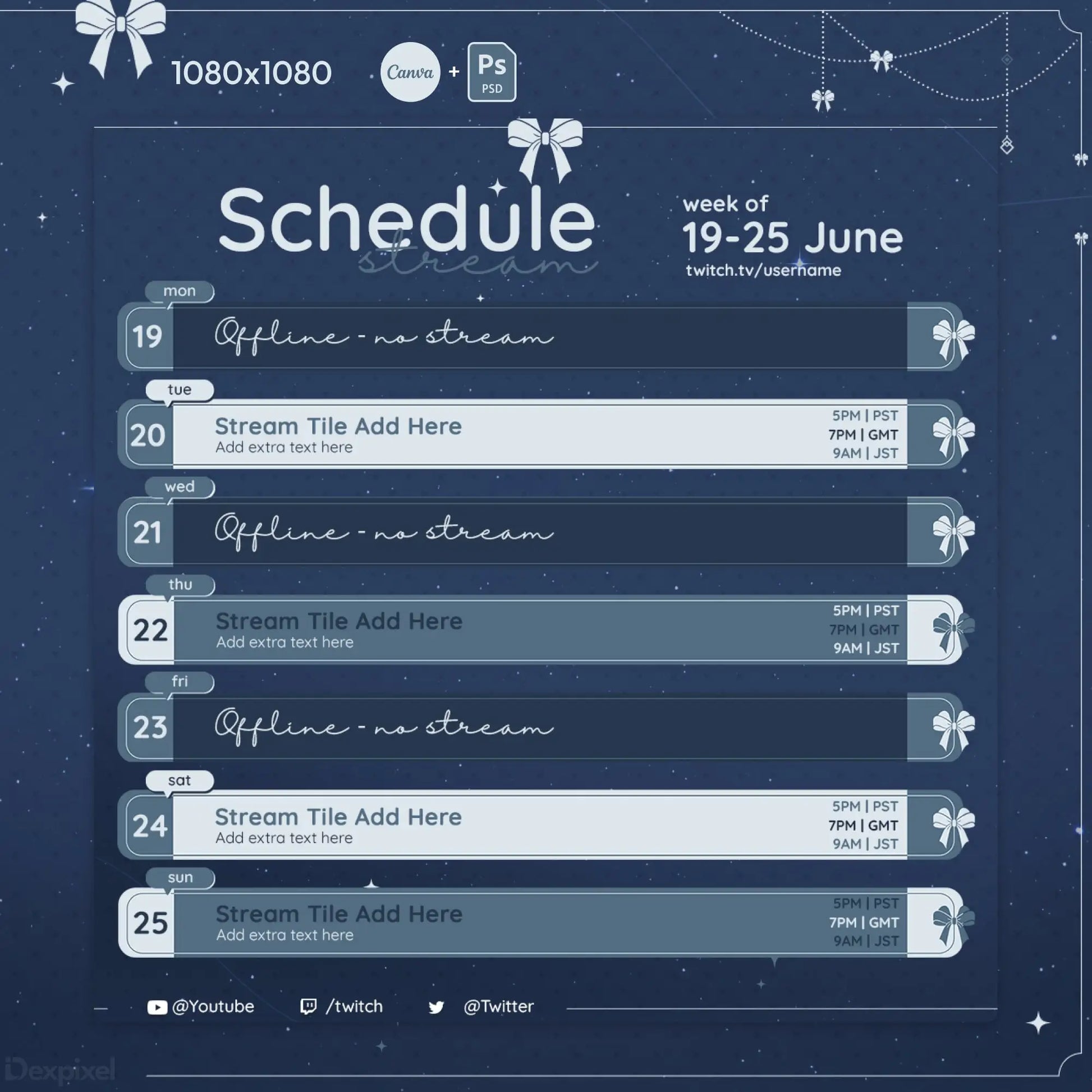 Weekly schedule template with dates from June 19-25 showing alternating offline and stream slots.