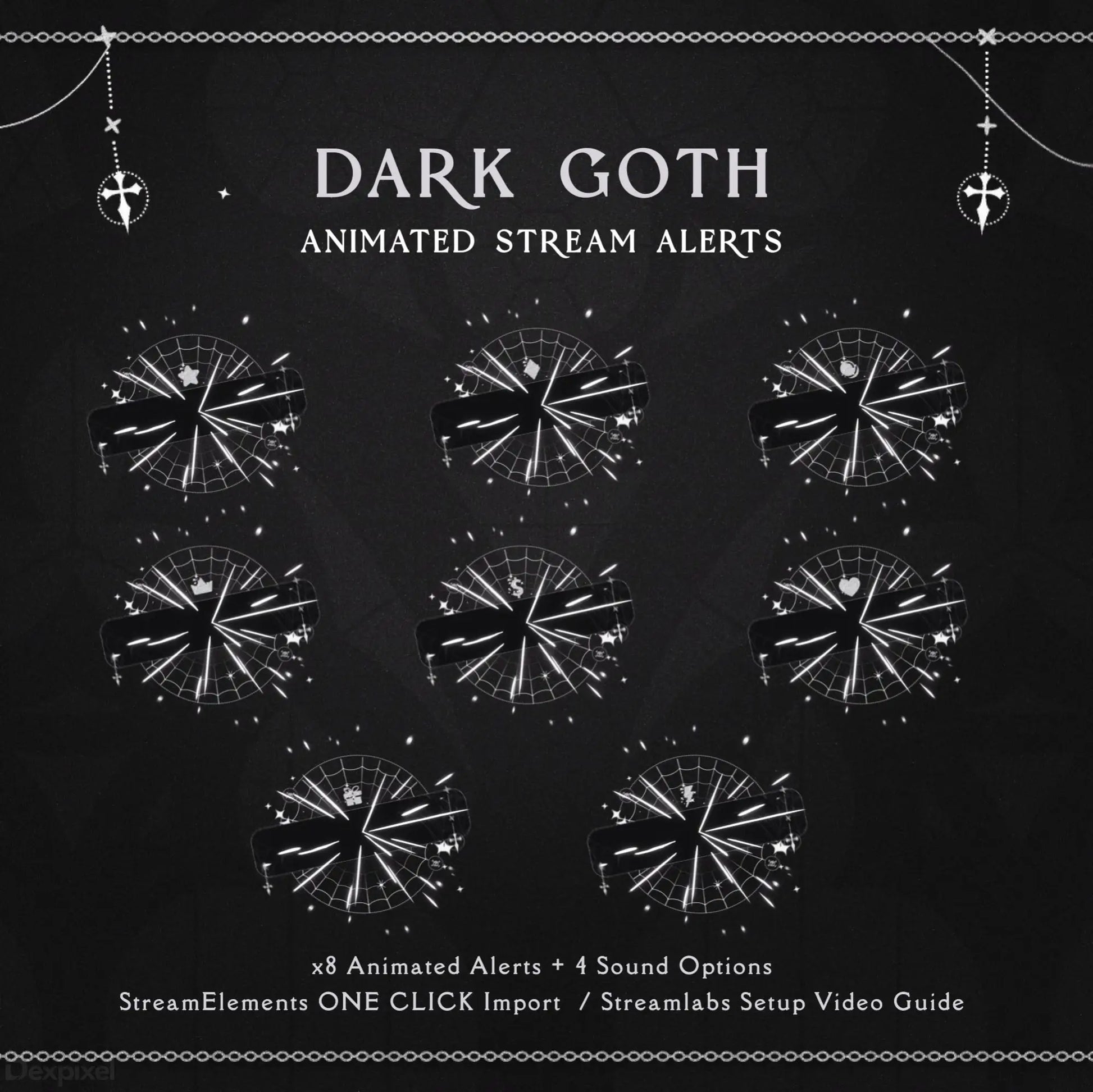 Dark goth-themed stream alert animations featuring starburst patterns in a circular arrangement.