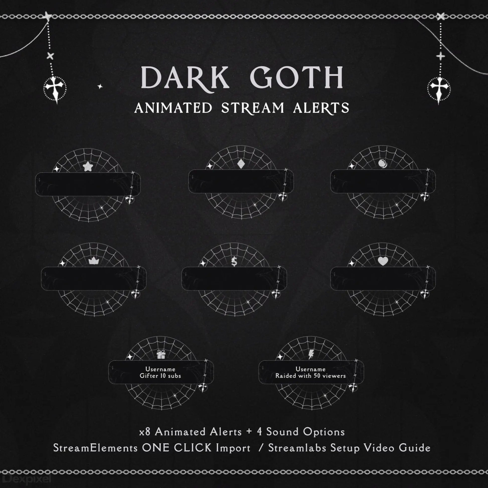 Dark gothic-themed stream alert overlay set with semicircular designs and anchor decorations.