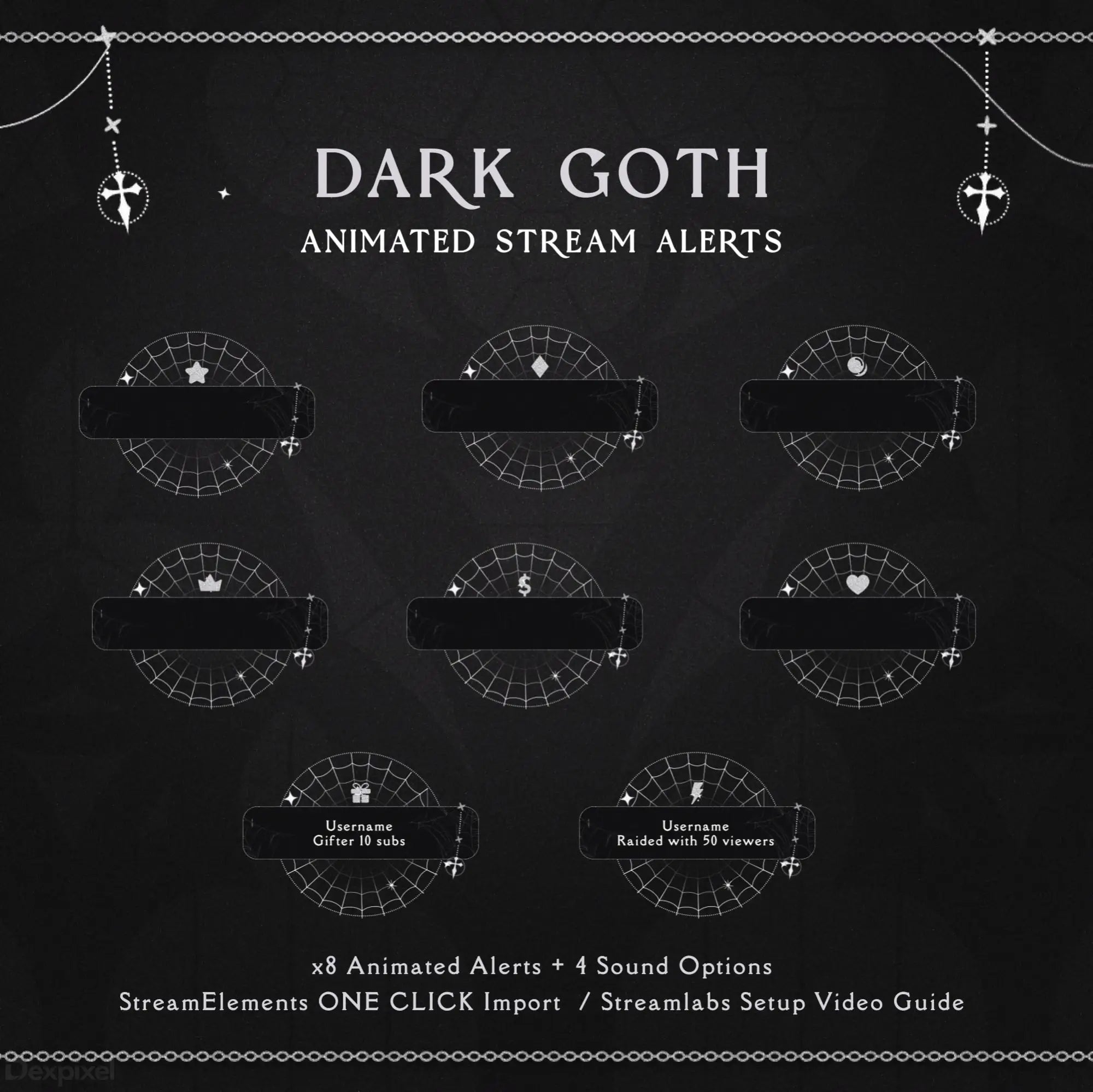 Dark gothic-themed stream alert overlay set with semicircular designs and anchor decorations.
