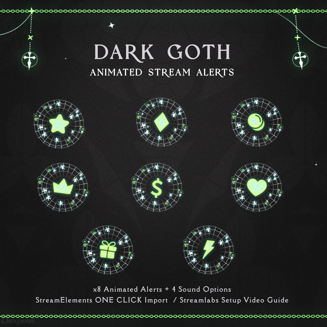 Dark goth-themed stream alert icons with glowing green magical circle designs.