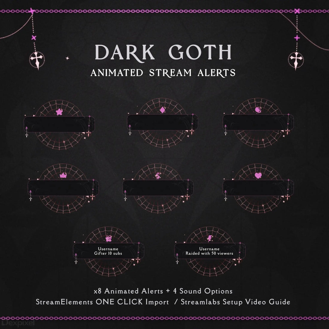 Dark goth-themed stream alert icons with pink symbols arranged in a circular pattern.