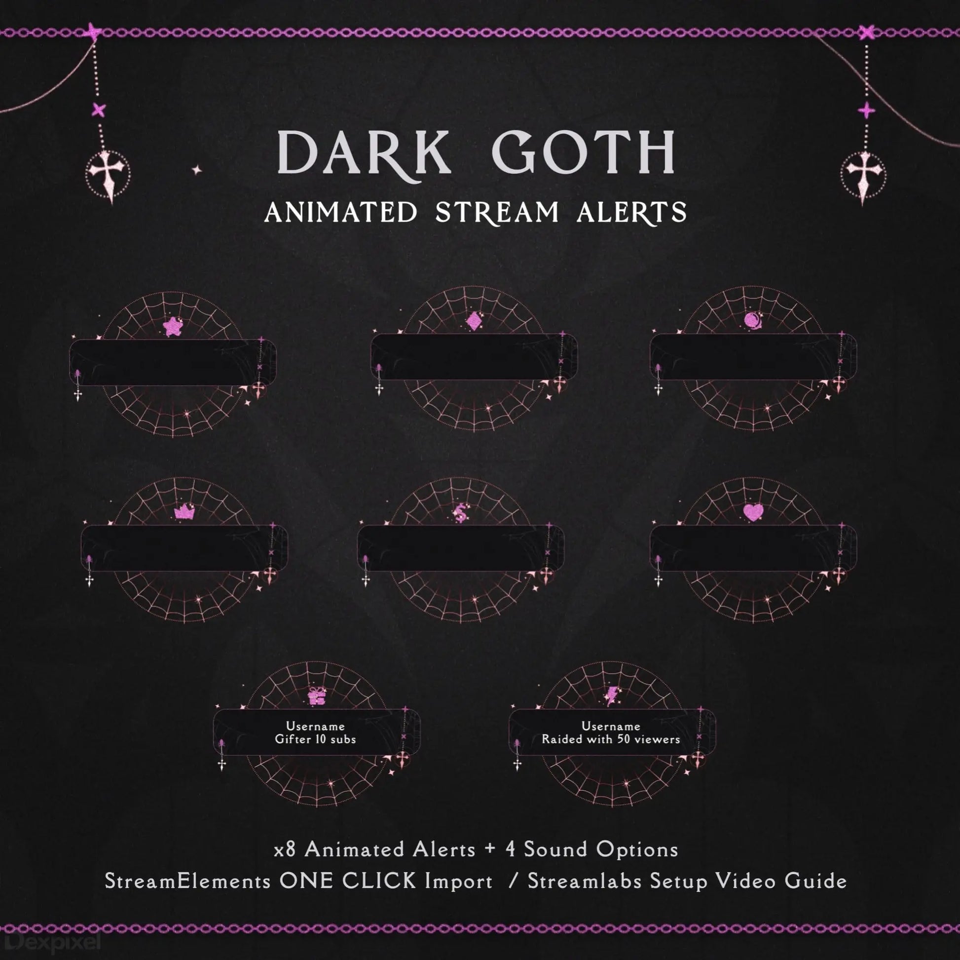 Dark goth-themed animated stream alert template with pink and black geometric designs and cross symbols.