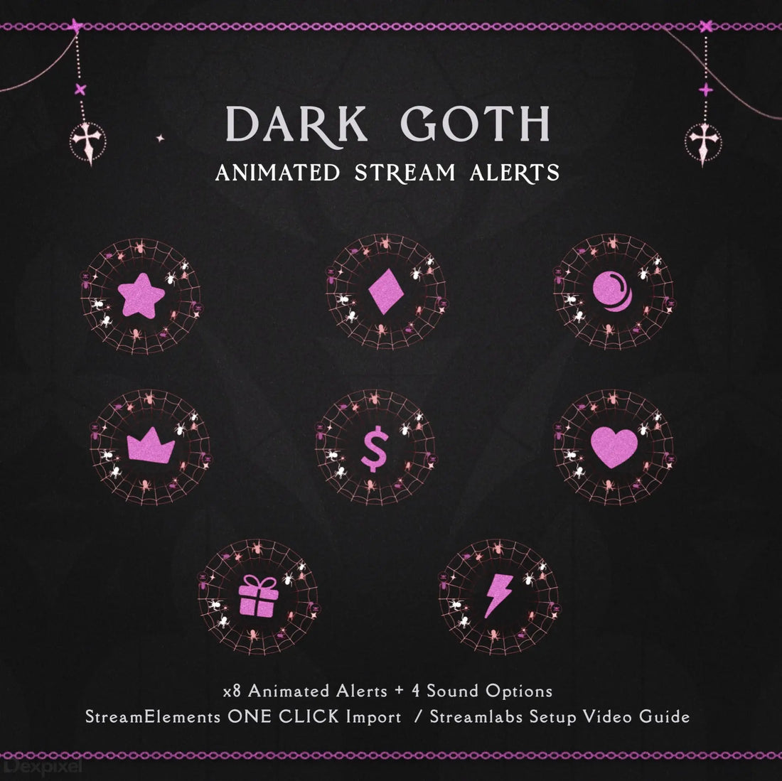 Dark goth-themed stream alert icons with pink symbols arranged in a circular pattern.